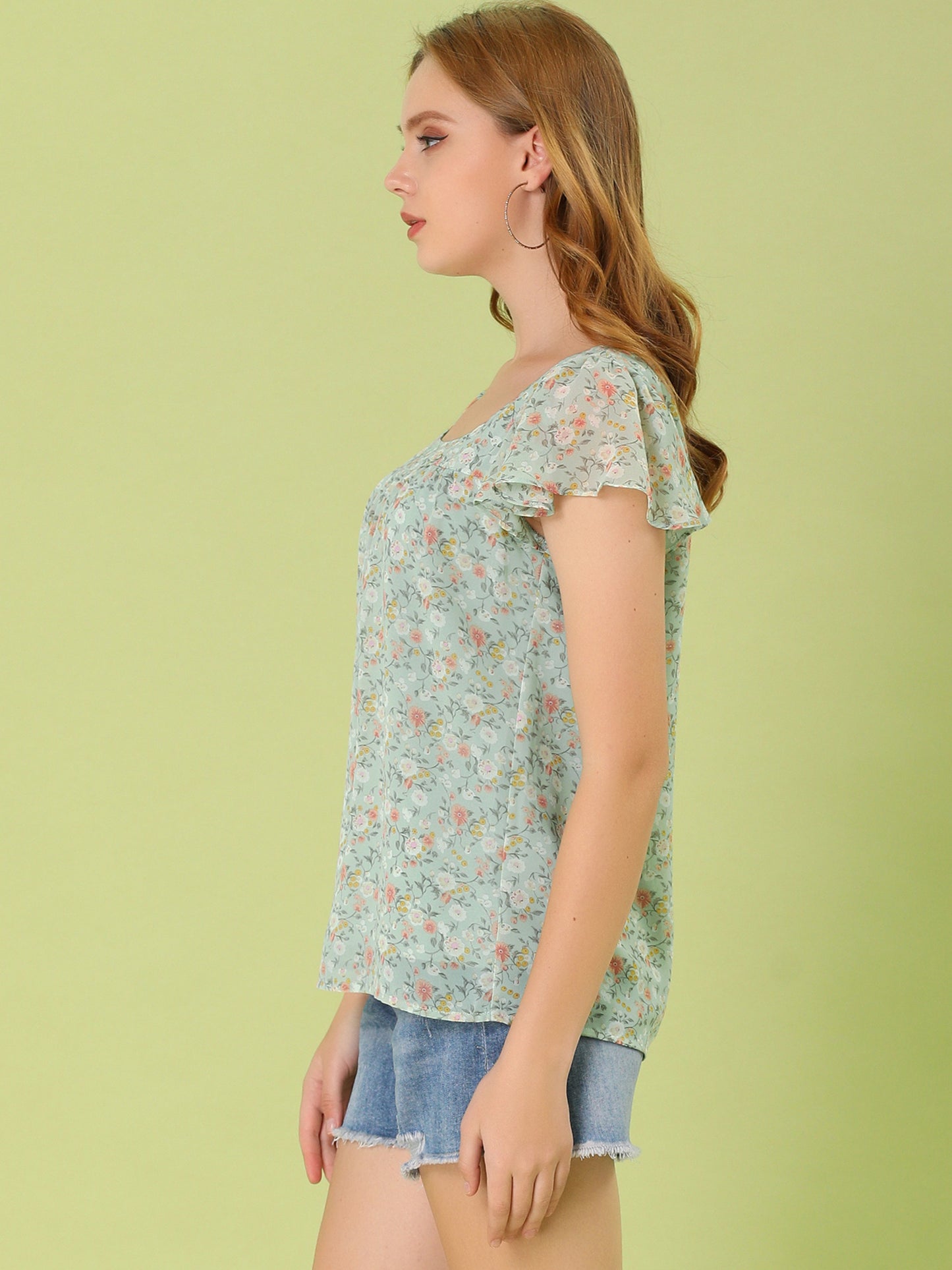 Women's Floral Blouse Summer Casual Square Neck Chiffon Short Sleeve Ruffle Top (Available in Plus Size)