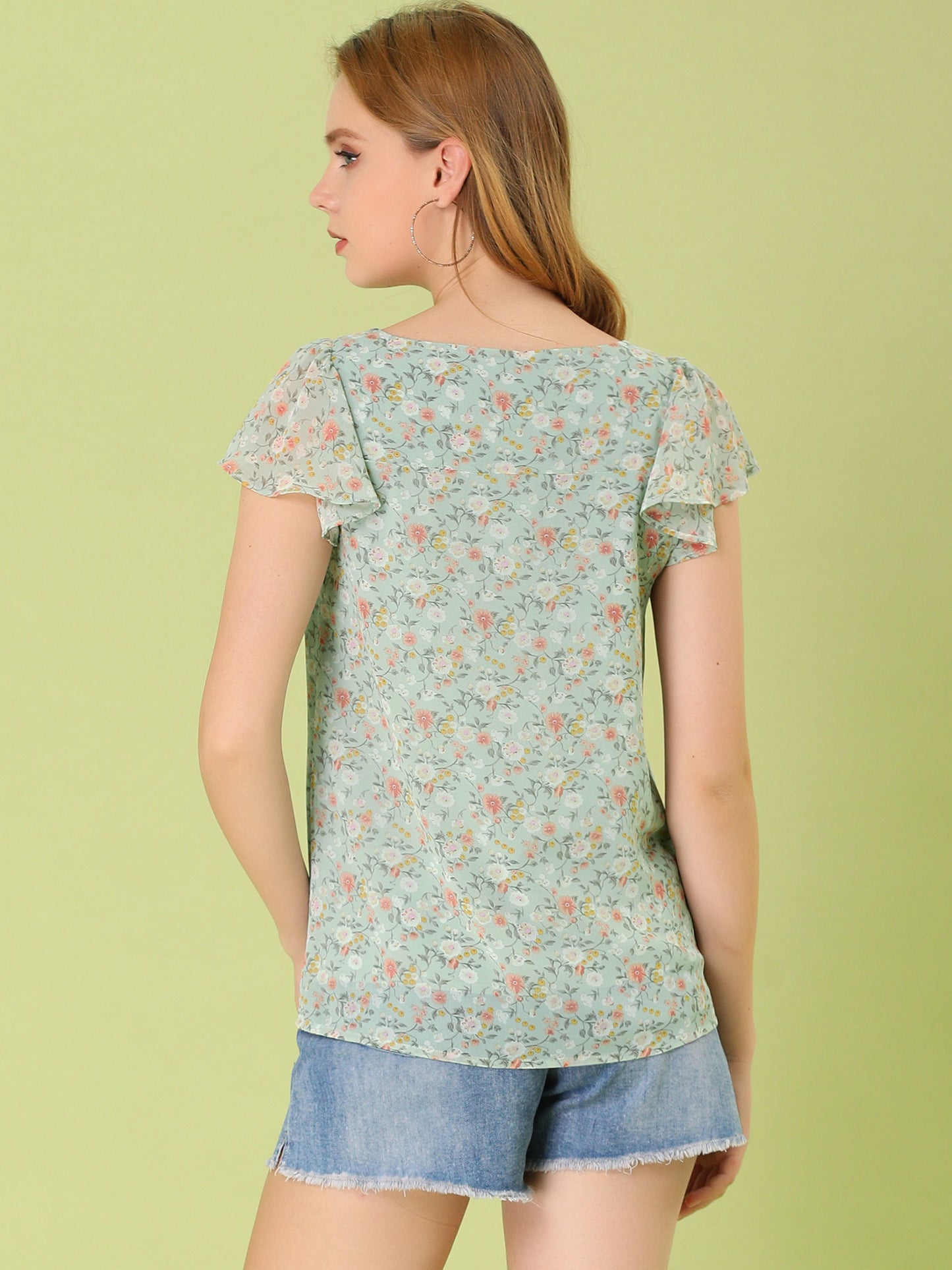 Women's Floral Blouse Summer Casual Square Neck Chiffon Short Sleeve Ruffle Top (Available in Plus Size)