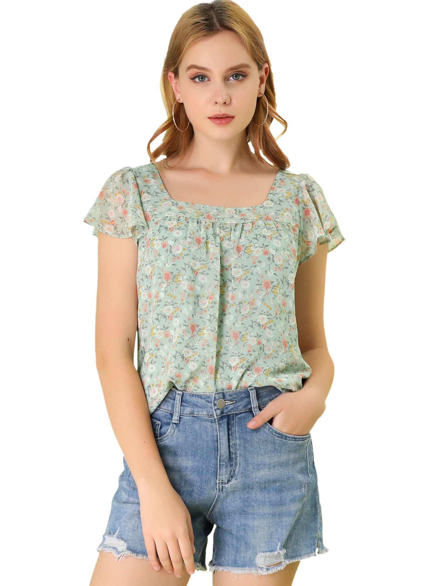 Women's Floral Blouse Summer Casual Square Neck Chiffon Short Sleeve Ruffle Top (Available in Plus Size)