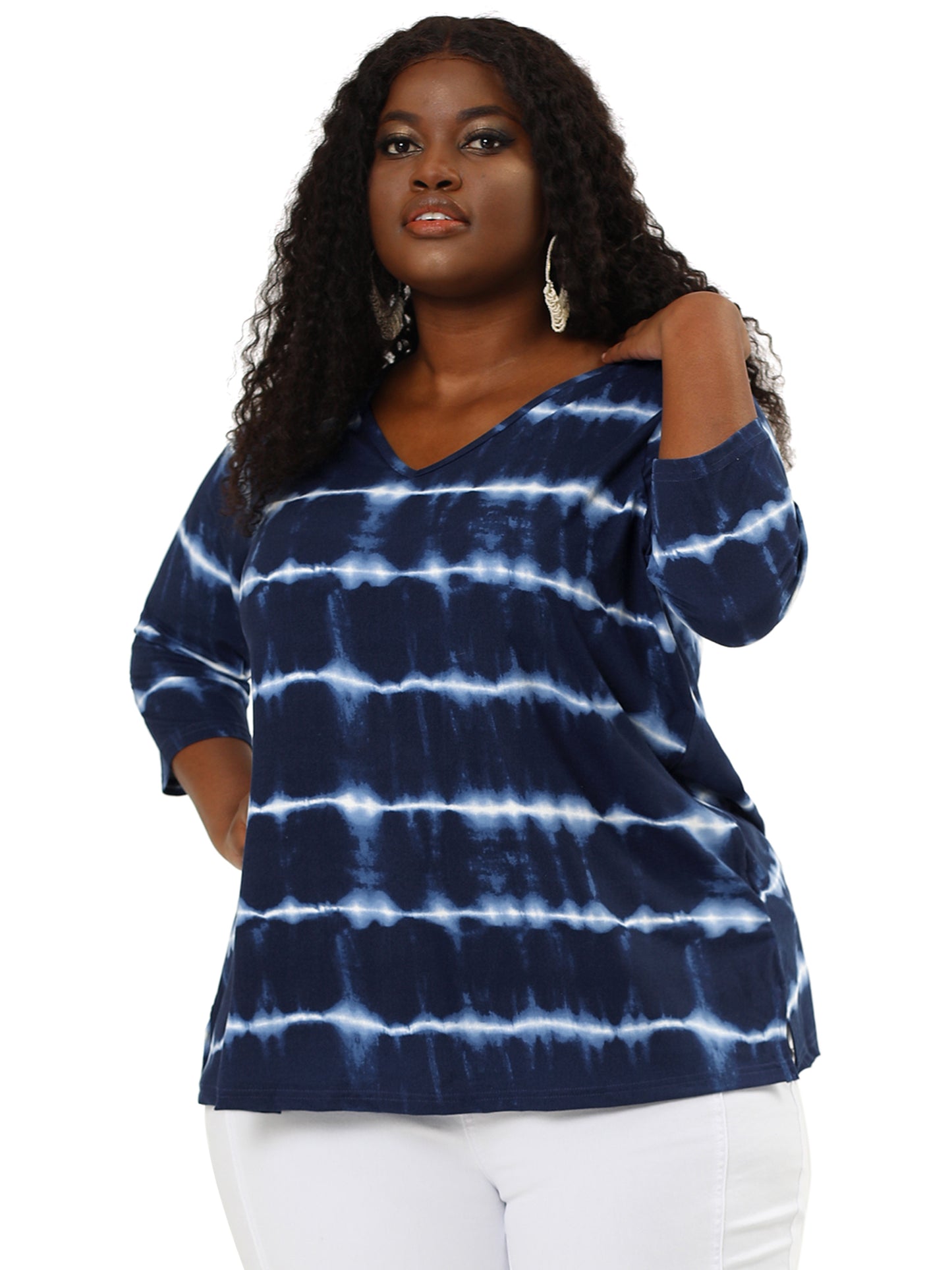 Women Plus Size T Shirt V Neck 3/4 Sleeve Loose Casual Blouse Striped Tie Dye Print