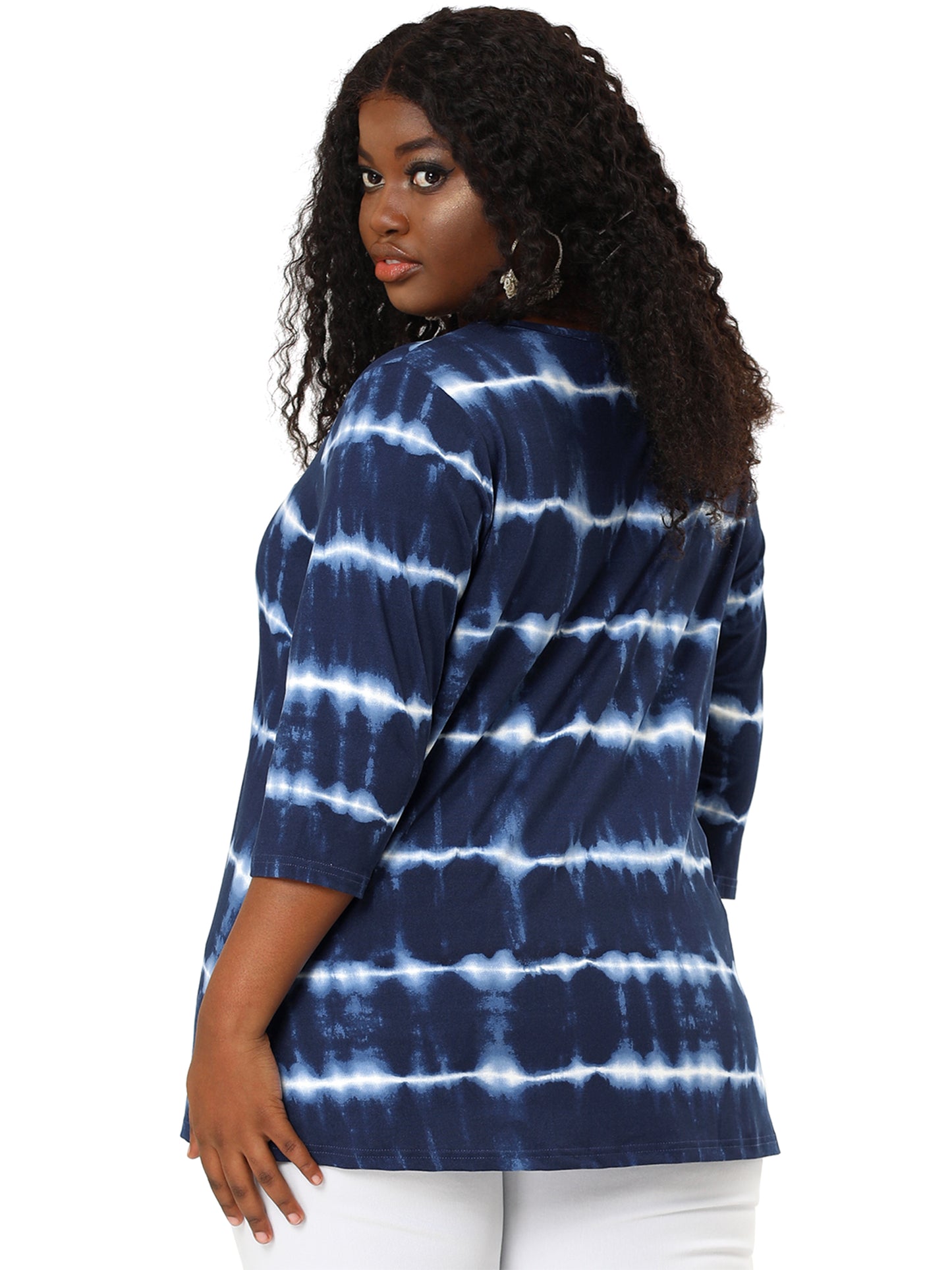 Women Plus Size T Shirt V Neck 3/4 Sleeve Loose Casual Blouse Striped Tie Dye Print