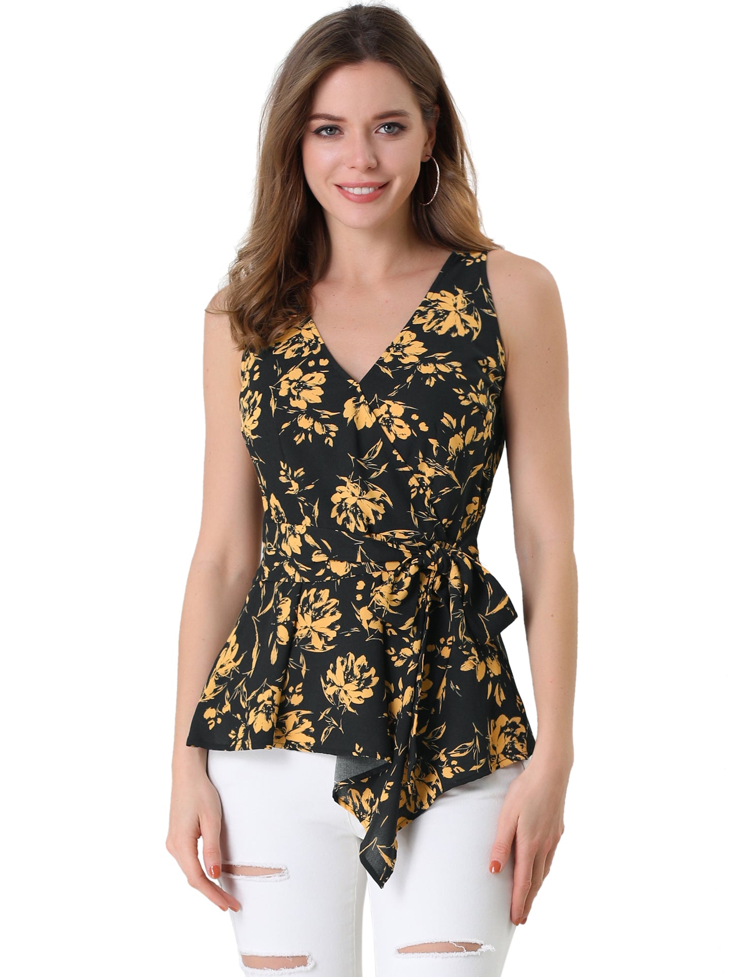Women's Sleeveless V Neck Tie Waist Asymmetric Hem Wrap Peplum Top