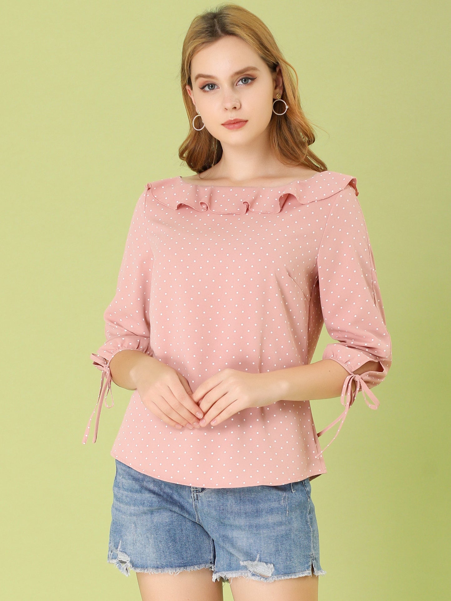 Women's Ruffled Collar Polka Dots 3/4 Sleeve Blouse