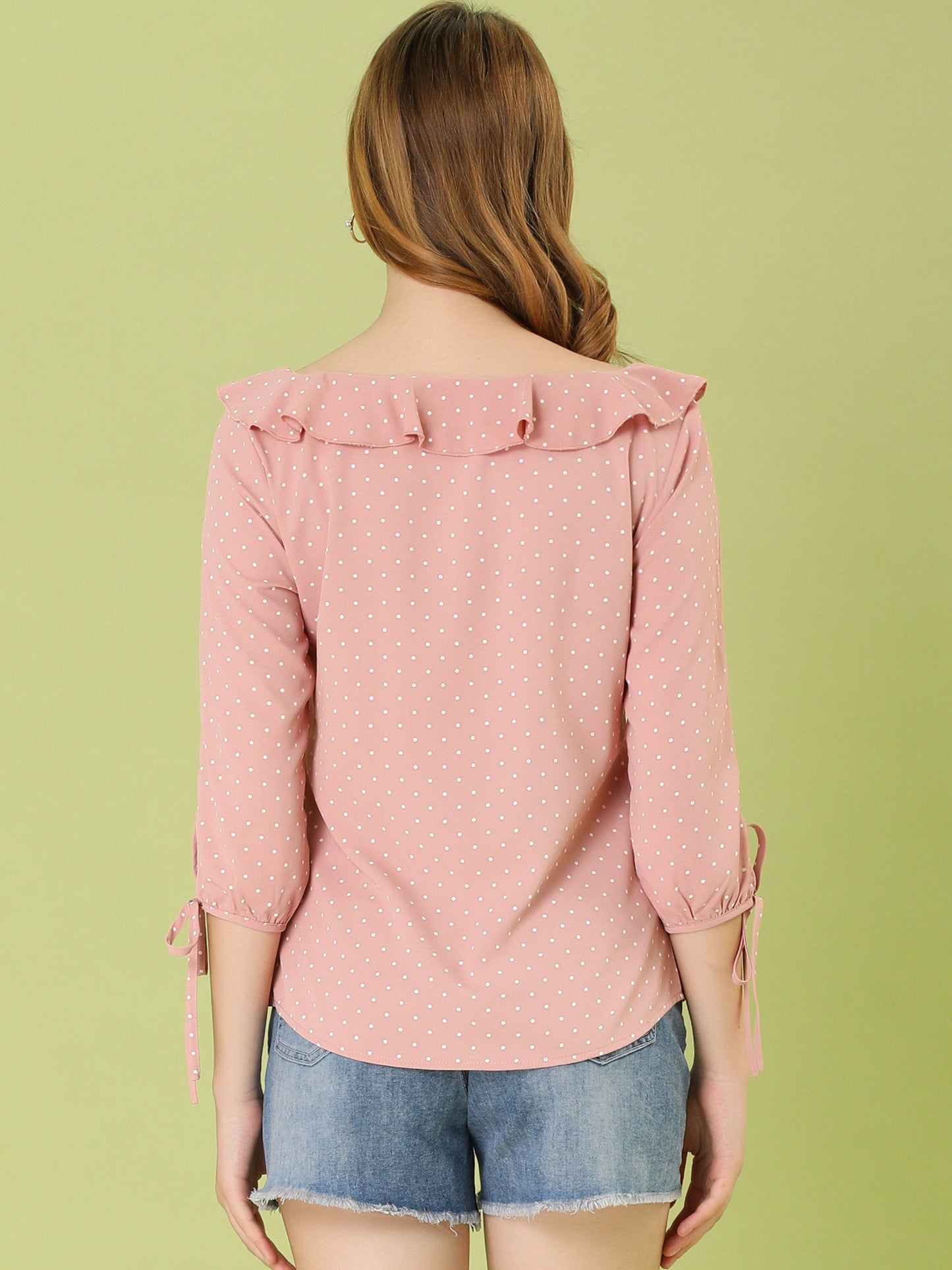 Women's Ruffled Collar Polka Dots 3/4 Sleeve Blouse