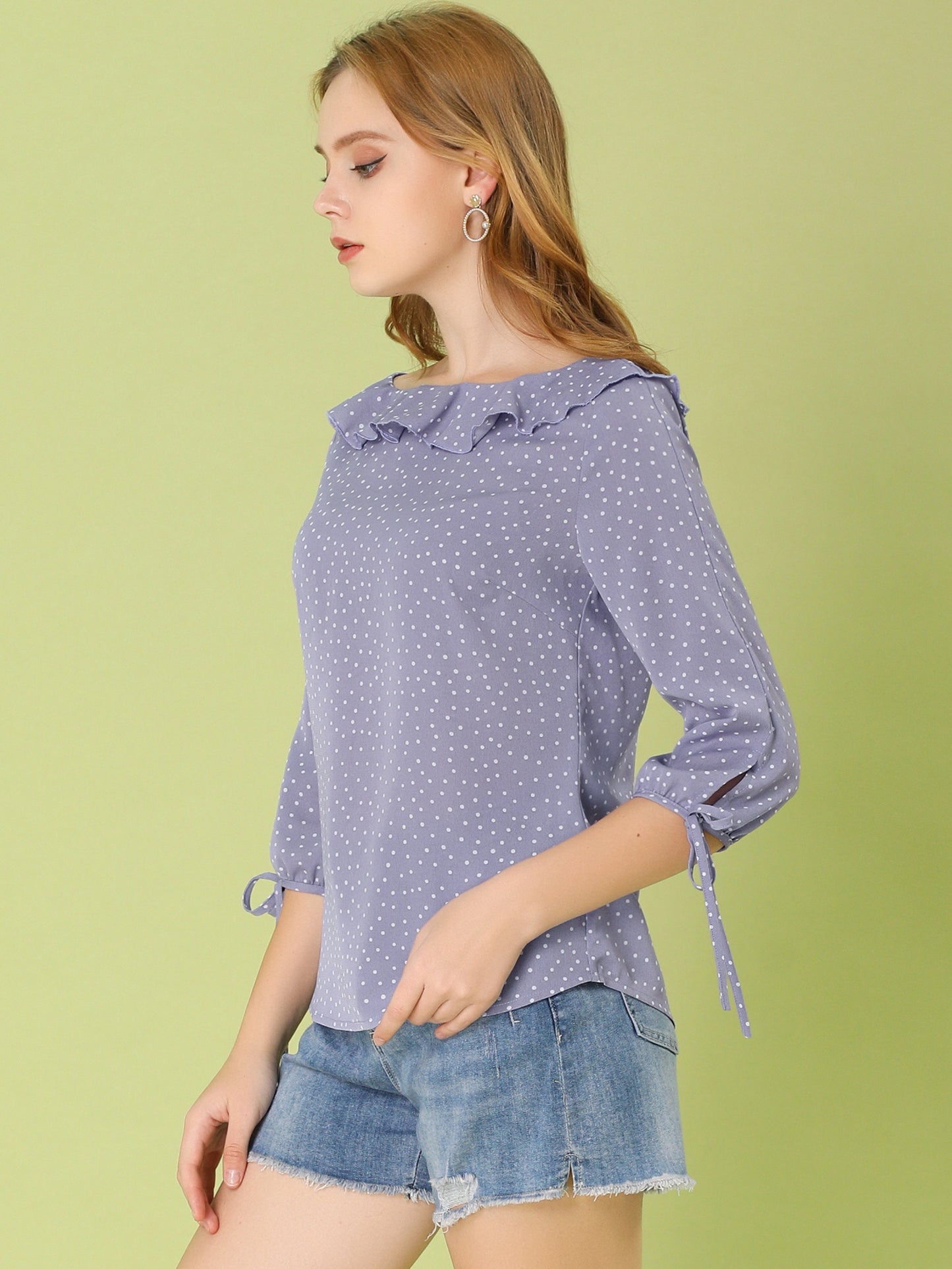 Women's Ruffled Collar Polka Dots 3/4 Sleeve Blouse