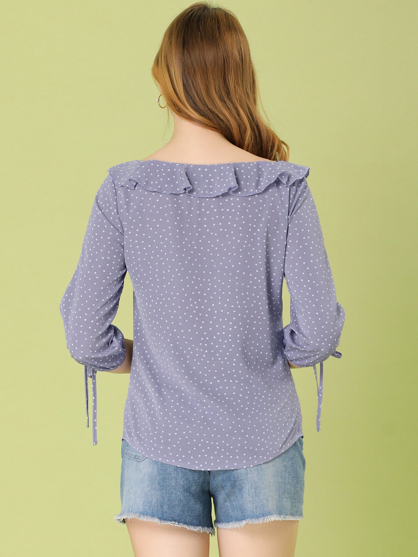 Women's Ruffled Collar Polka Dots 3/4 Sleeve Blouse