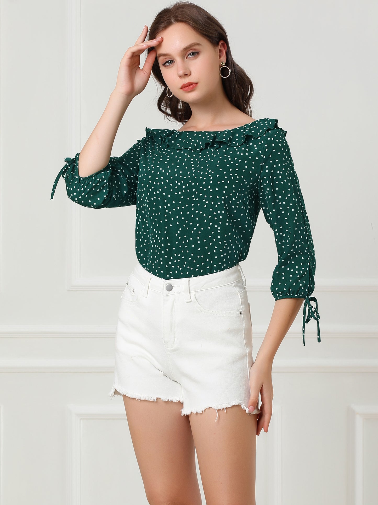 Women's Ruffled Collar Polka Dots 3/4 Sleeve Blouse