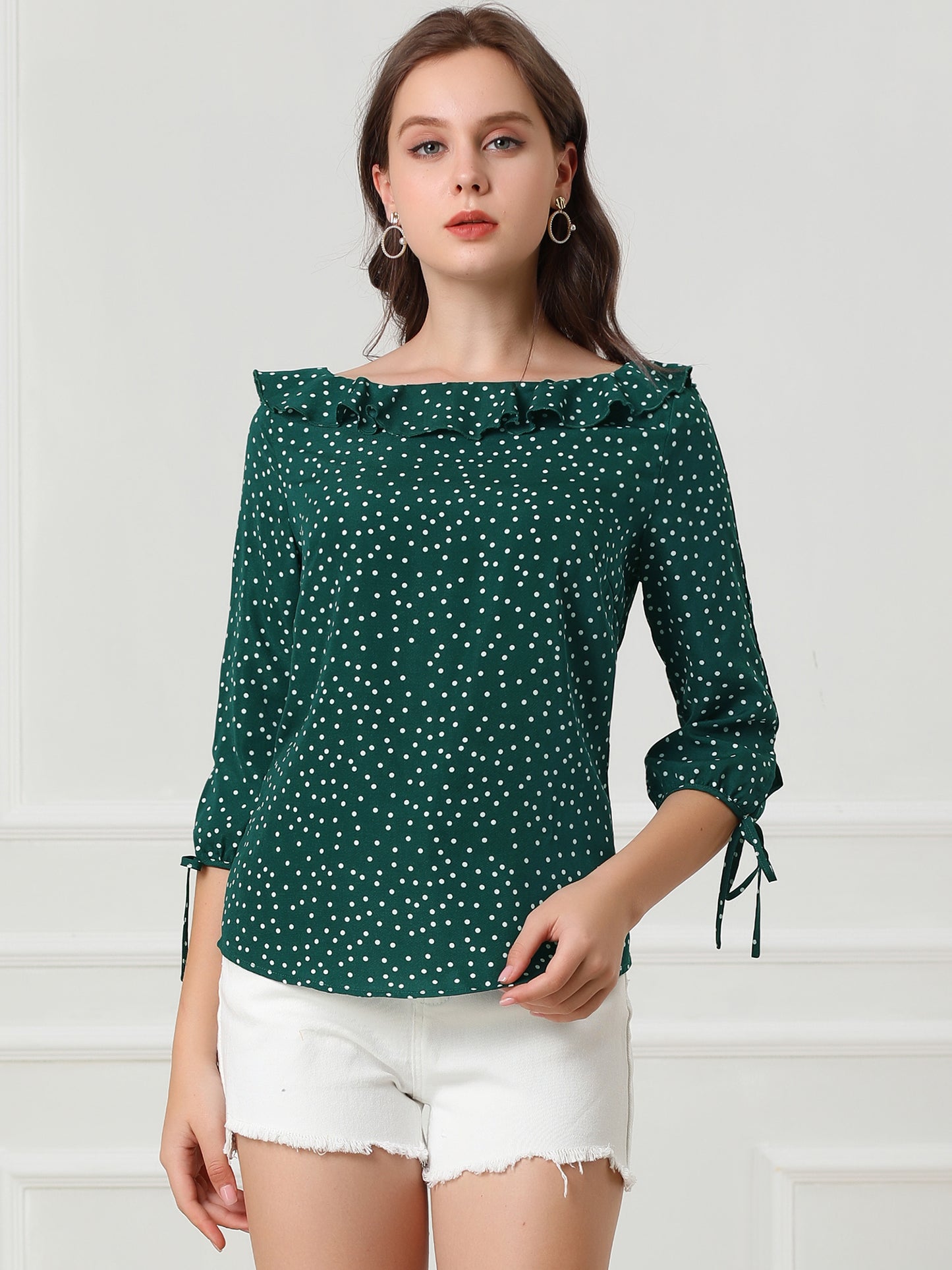 Women's Ruffled Collar Polka Dots 3/4 Sleeve Blouse