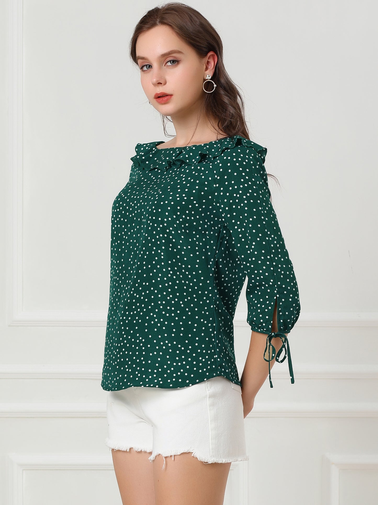 Women's Ruffled Collar Polka Dots 3/4 Sleeve Blouse