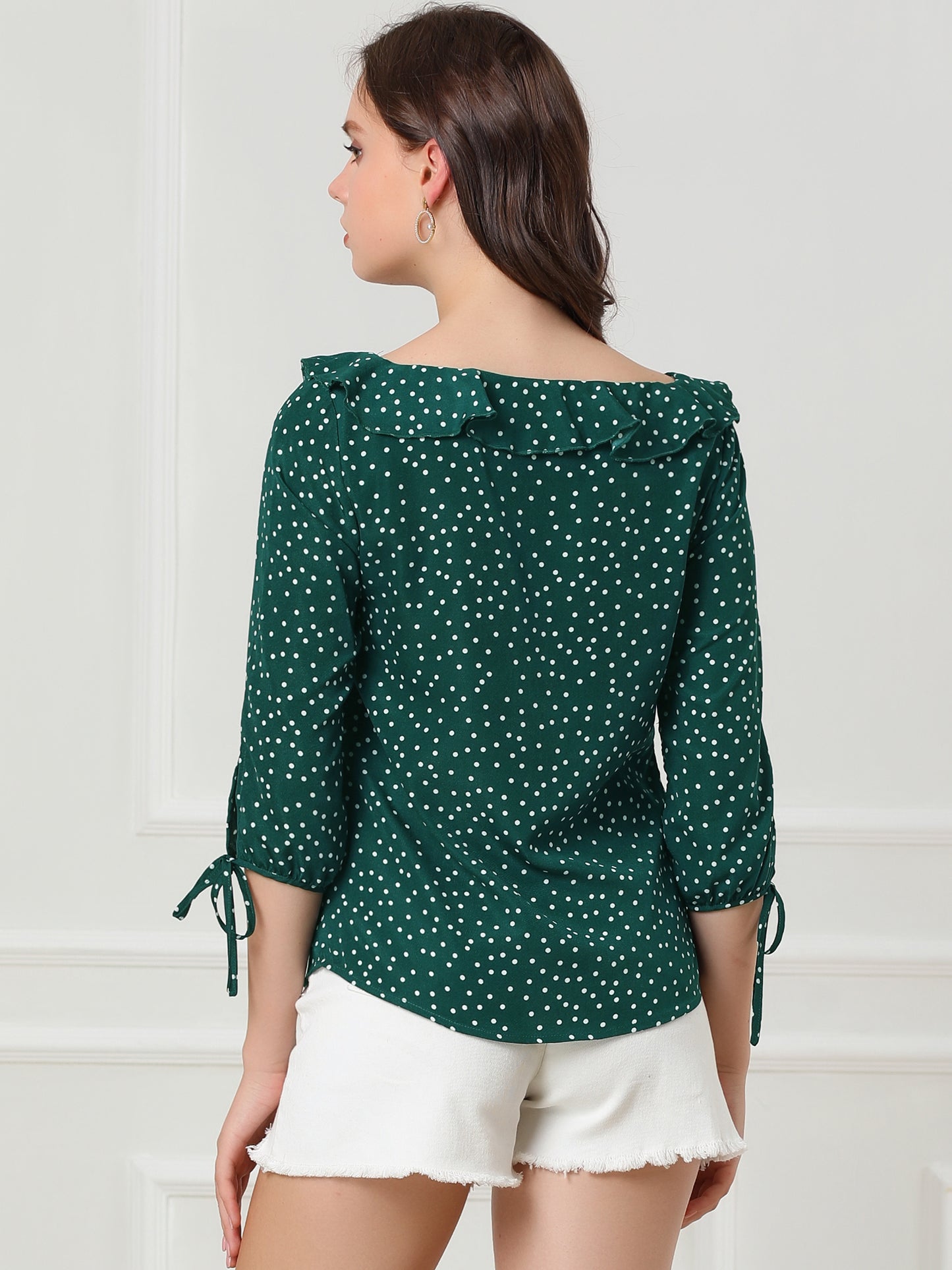 Women's Ruffled Collar Polka Dots 3/4 Sleeve Blouse