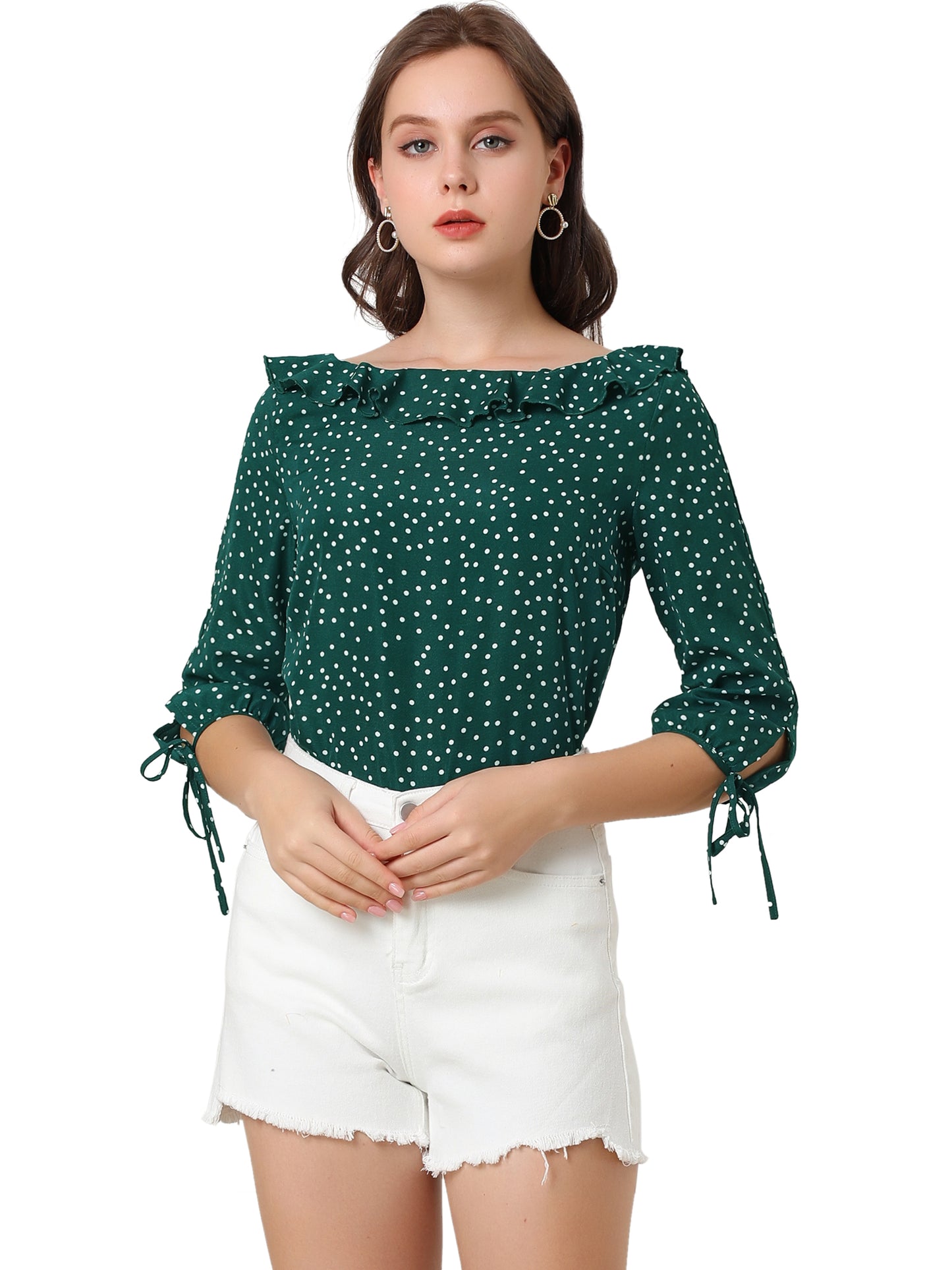 Women's Ruffled Collar Polka Dots 3/4 Sleeve Blouse