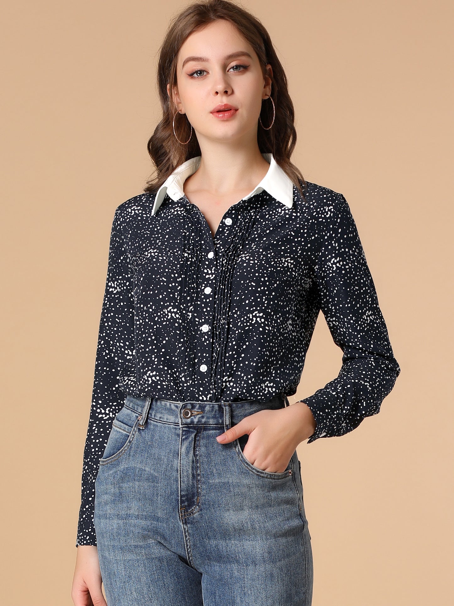 Women's Contrast Collar Dots Printed Long Sleeve Pleated Front Button Down Shirt