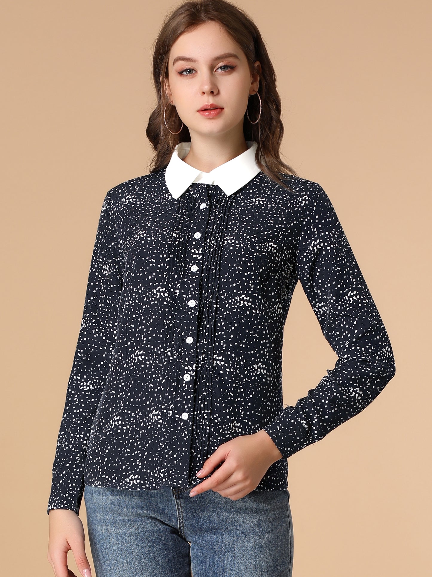 Women's Contrast Collar Dots Printed Long Sleeve Pleated Front Button Down Shirt