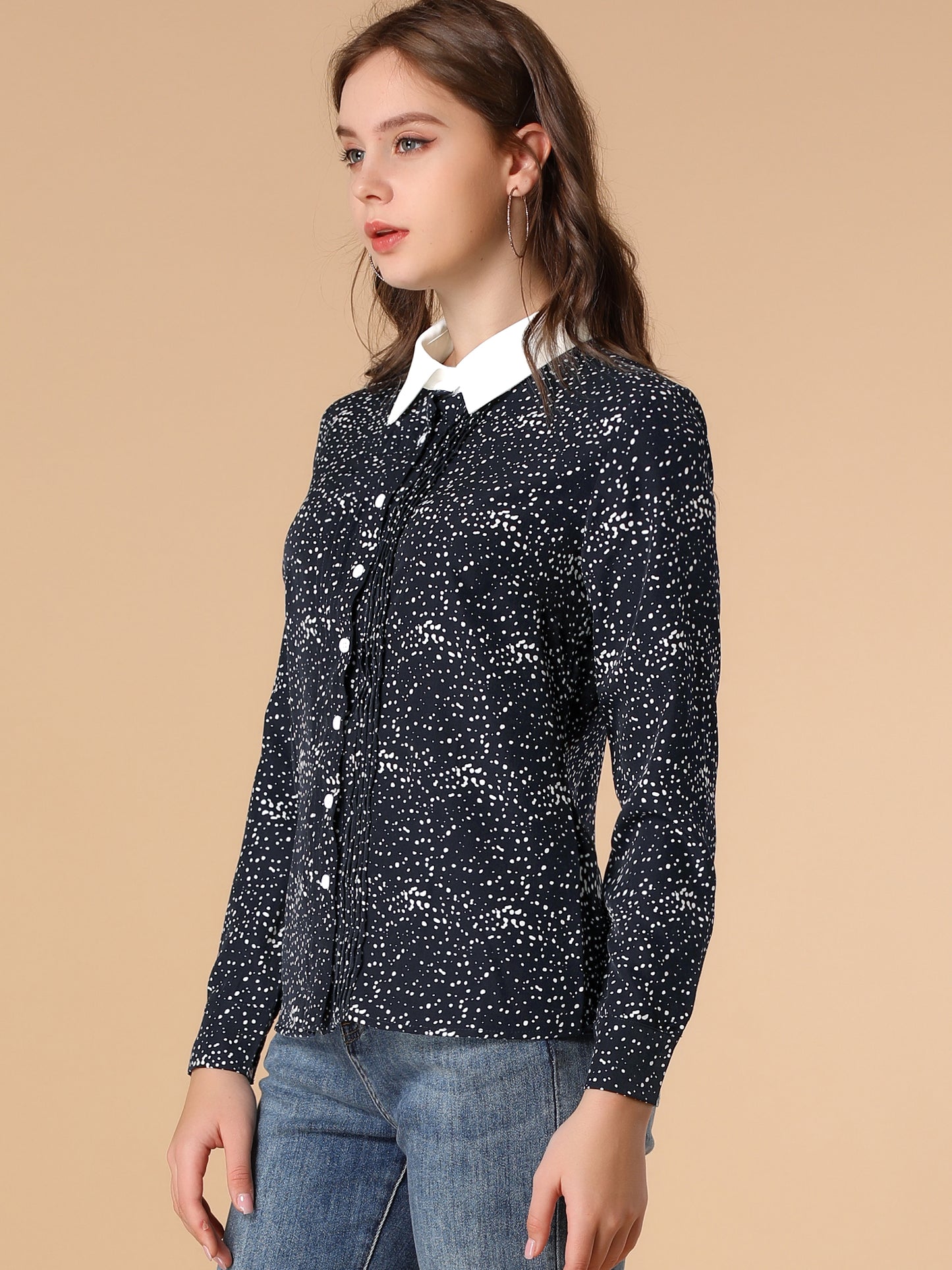 Women's Contrast Collar Dots Printed Long Sleeve Pleated Front Button Down Shirt