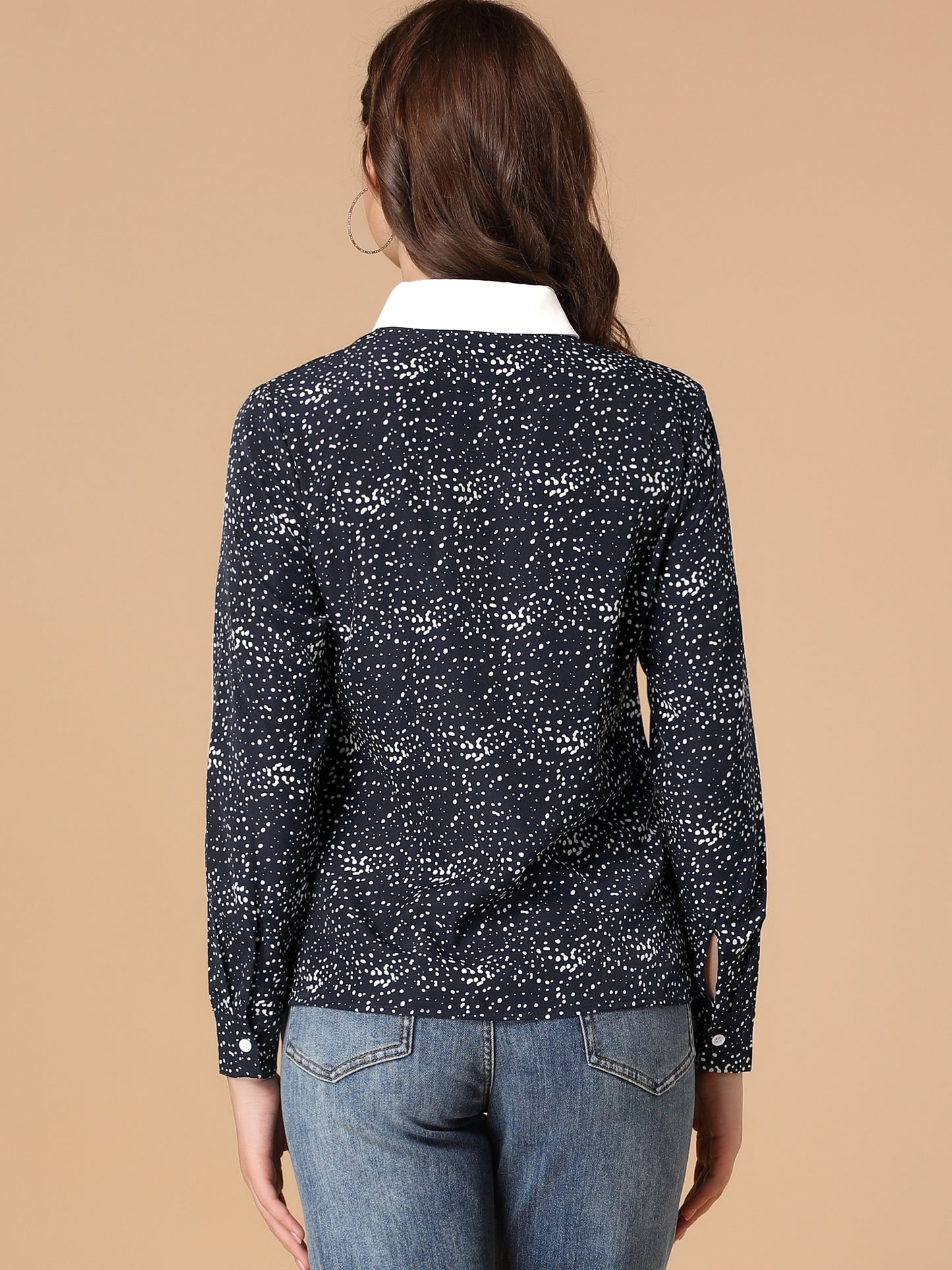 Women's Contrast Collar Dots Printed Long Sleeve Pleated Front Button Down Shirt