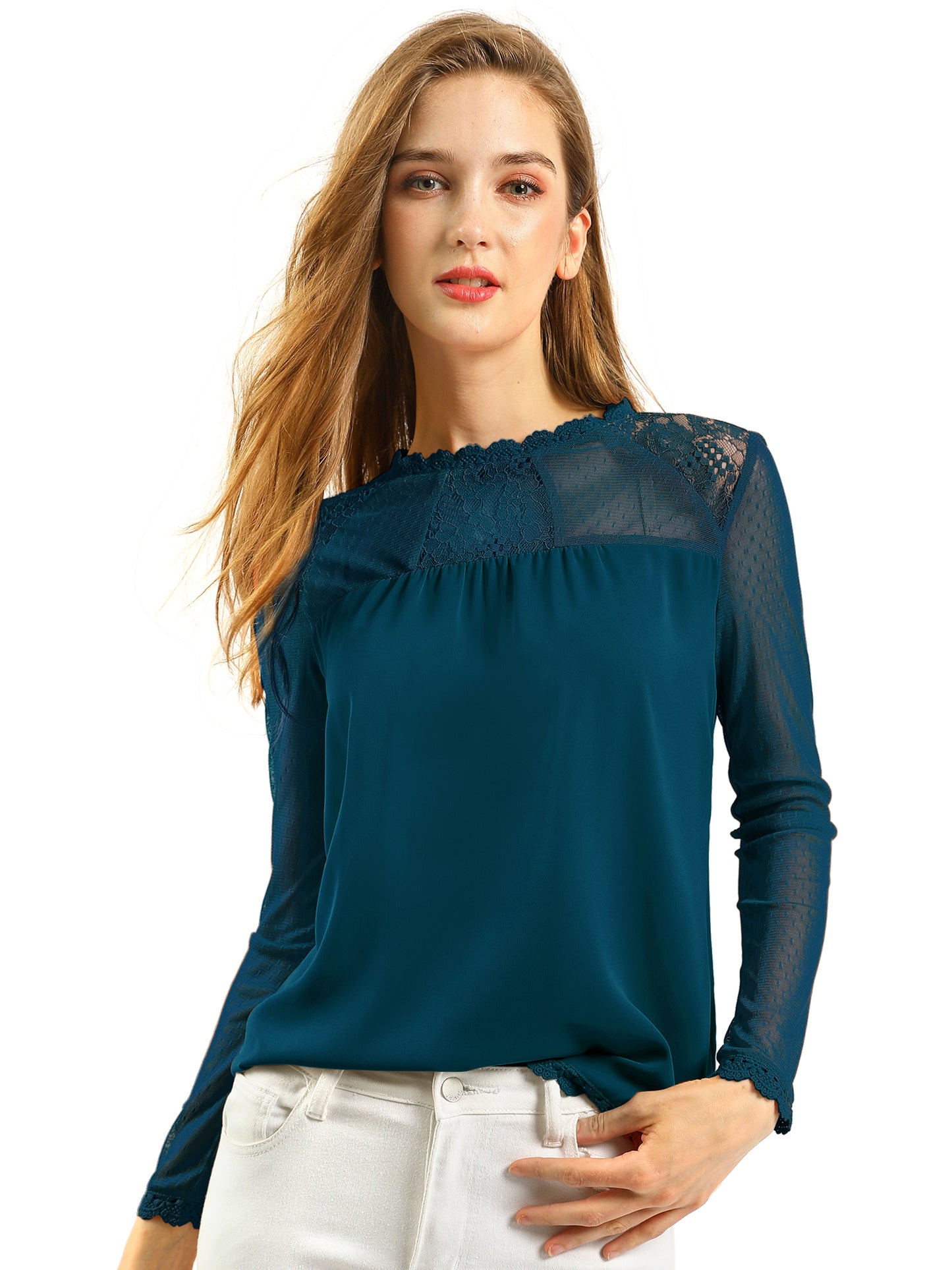 Women's Chiffon Top Elegant Sheer Mesh Lace Long Sleeve Blouse