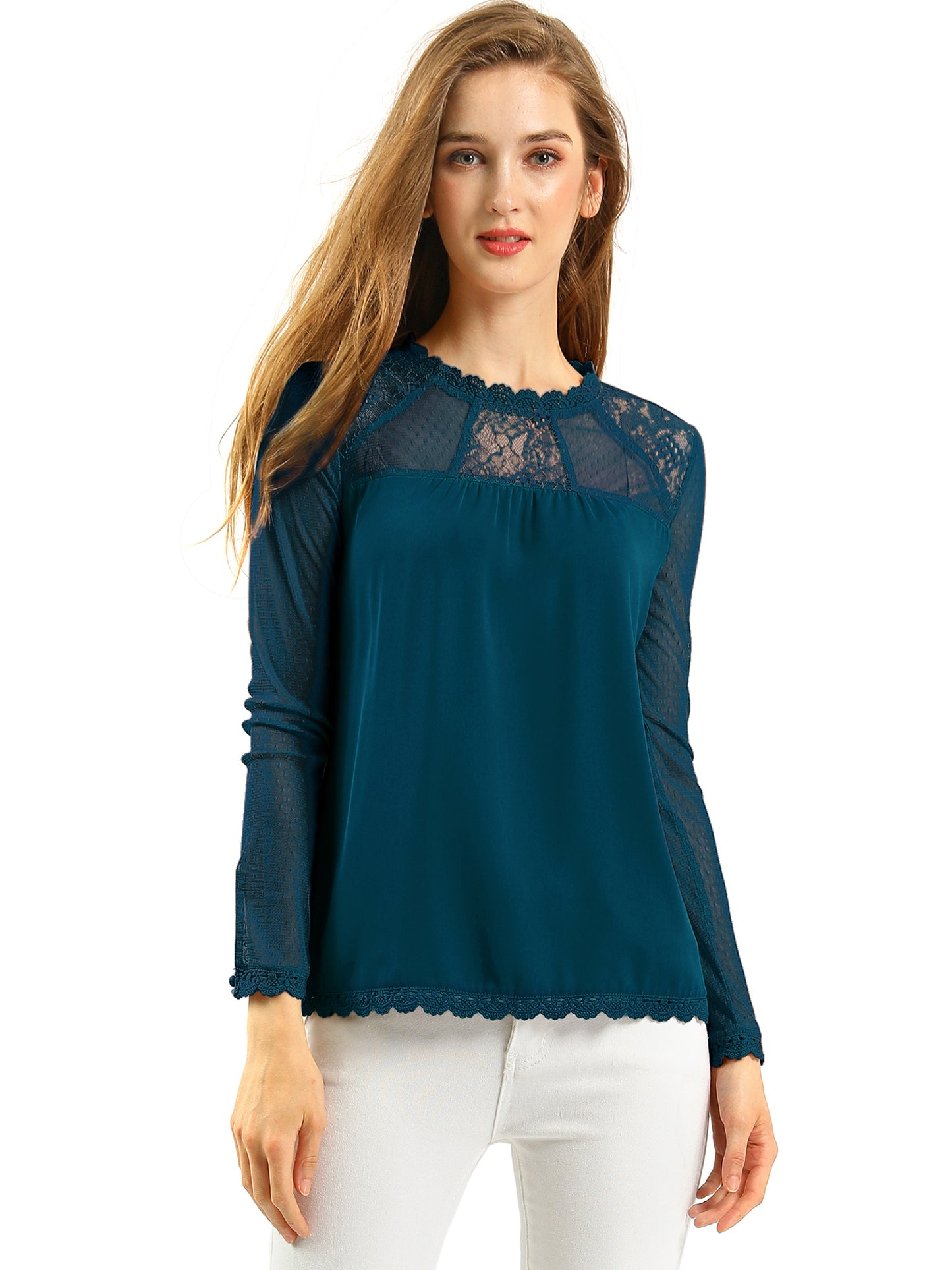 Women's Chiffon Top Elegant Sheer Mesh Lace Long Sleeve Blouse
