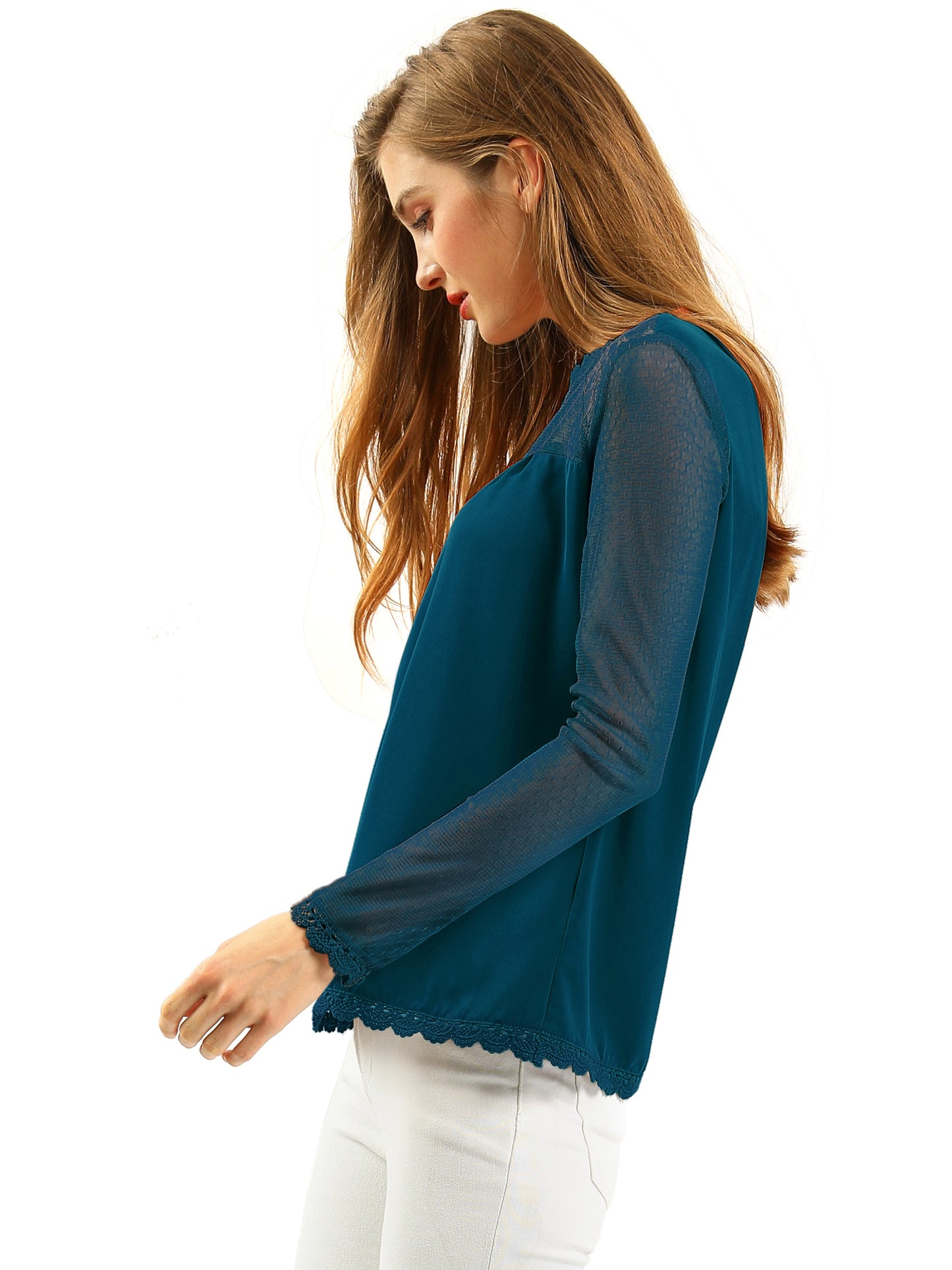 Women's Chiffon Top Elegant Sheer Mesh Lace Long Sleeve Blouse