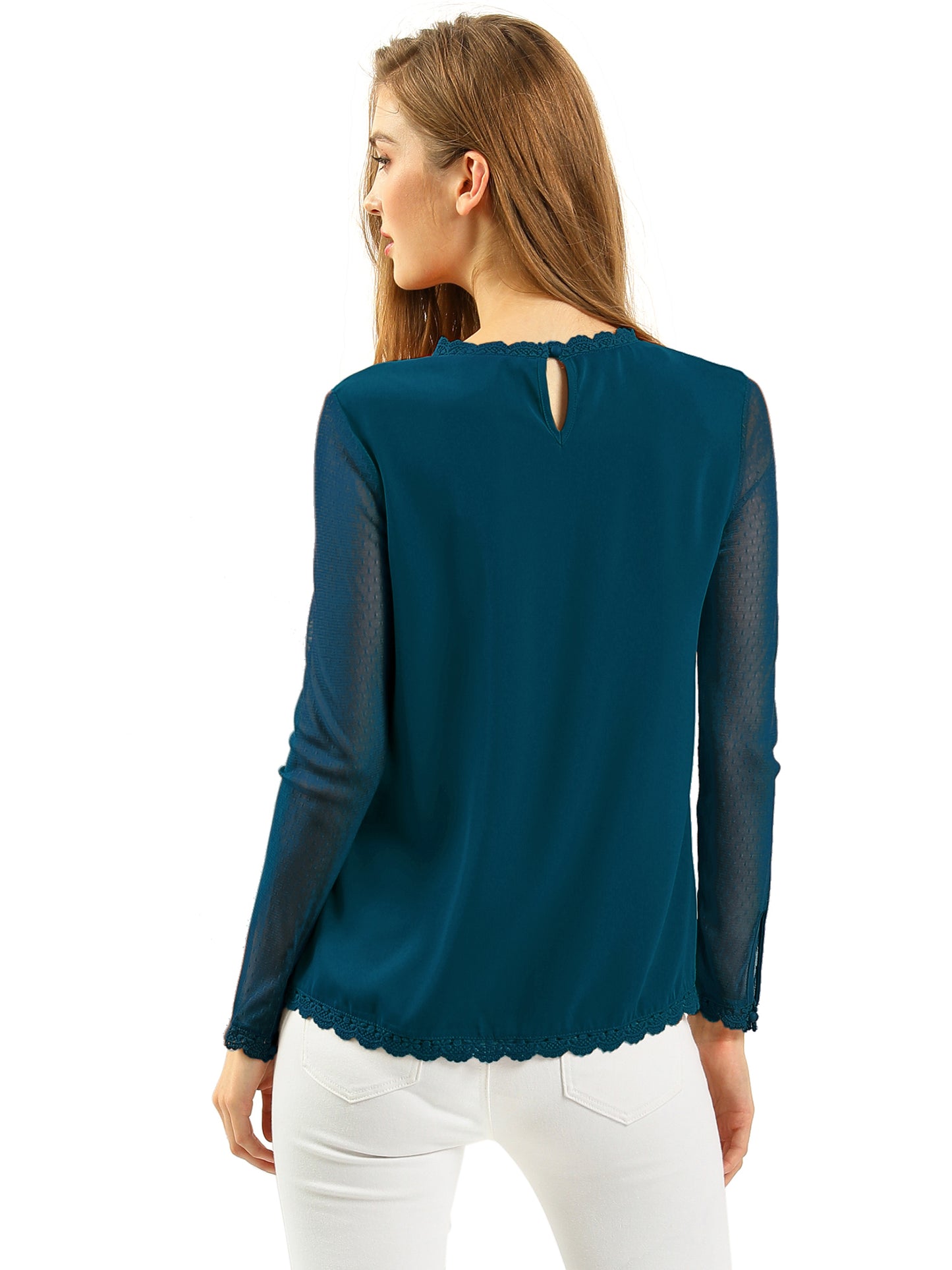 Women's Chiffon Top Elegant Sheer Mesh Lace Long Sleeve Blouse