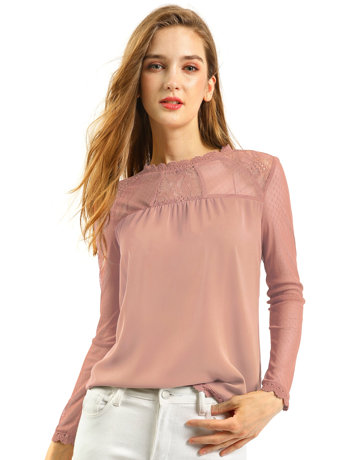 Women's Chiffon Top Elegant Sheer Mesh Lace Long Sleeve Blouse