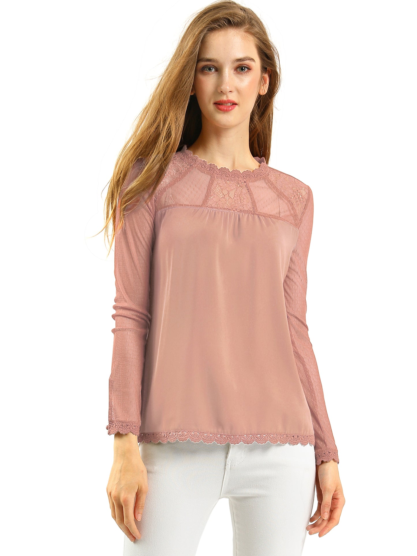 Women's Chiffon Top Elegant Sheer Mesh Lace Long Sleeve Blouse