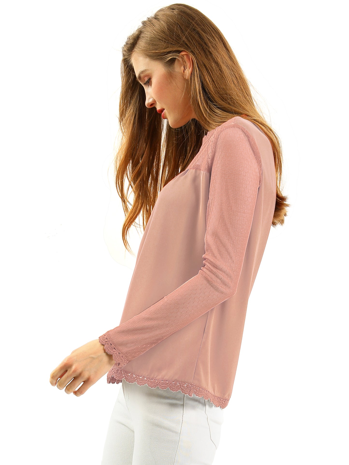Women's Chiffon Top Elegant Sheer Mesh Lace Long Sleeve Blouse