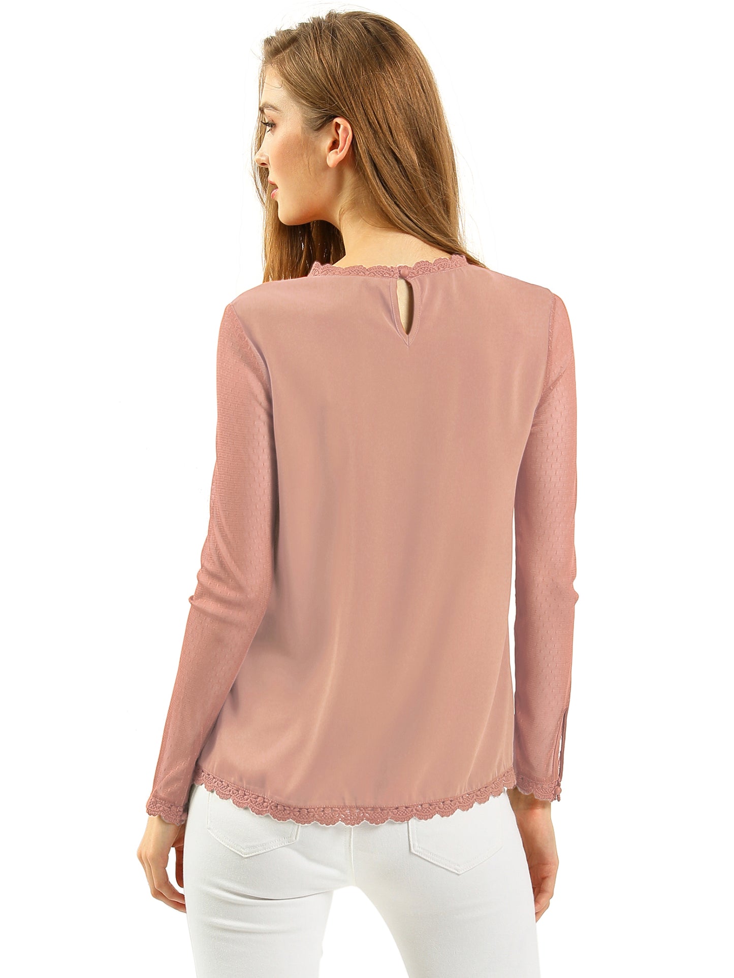 Women's Chiffon Top Elegant Sheer Mesh Lace Long Sleeve Blouse