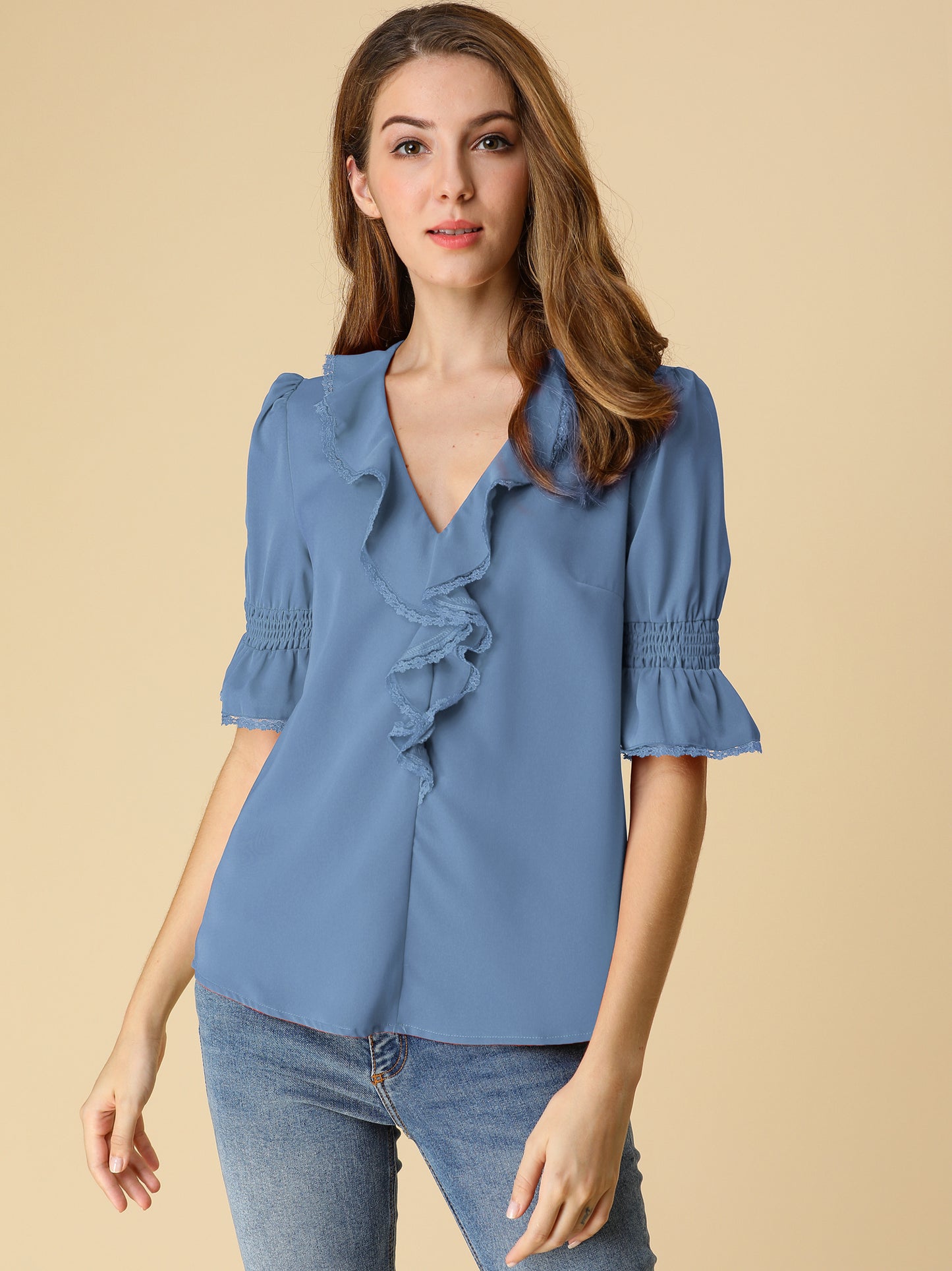 Women's Ruffle V Neck Puff Sleeve Blouse Summer Casual Chiffon Top