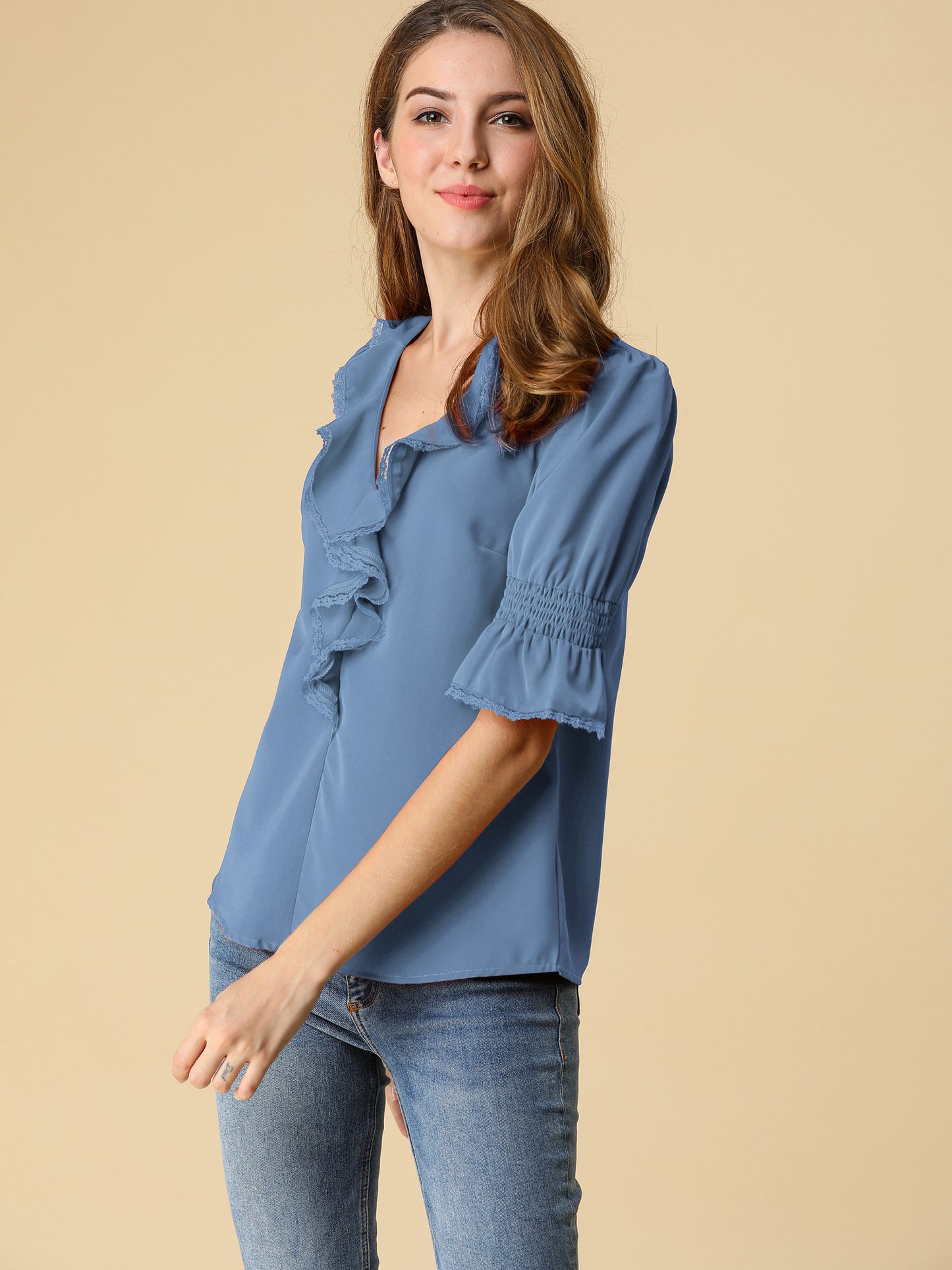 Women's Ruffle V Neck Puff Sleeve Blouse Summer Casual Chiffon Top