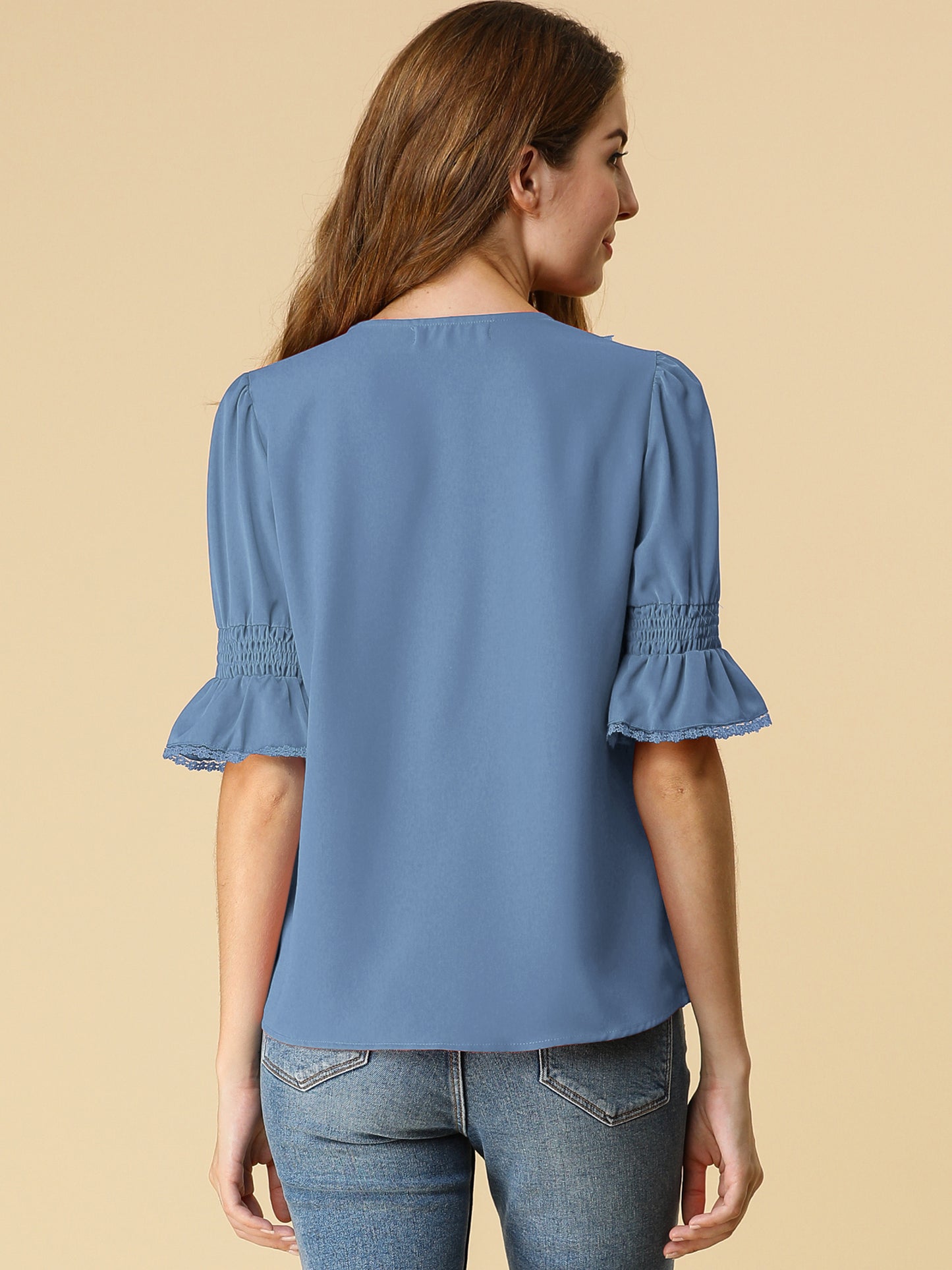 Women's Ruffle V Neck Puff Sleeve Blouse Summer Casual Chiffon Top
