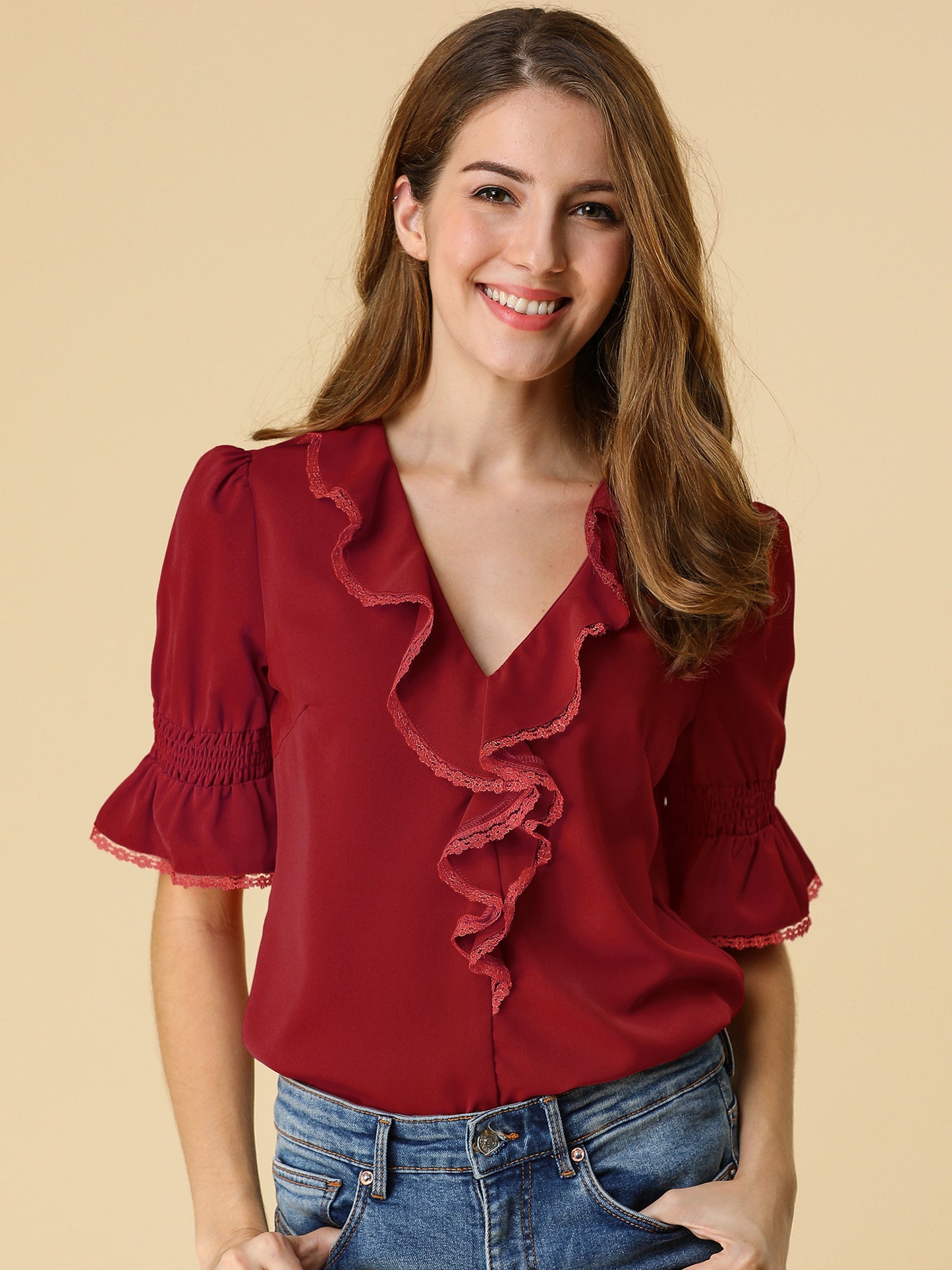 Women's Ruffle V Neck Puff Sleeve Blouse Summer Casual Chiffon Top
