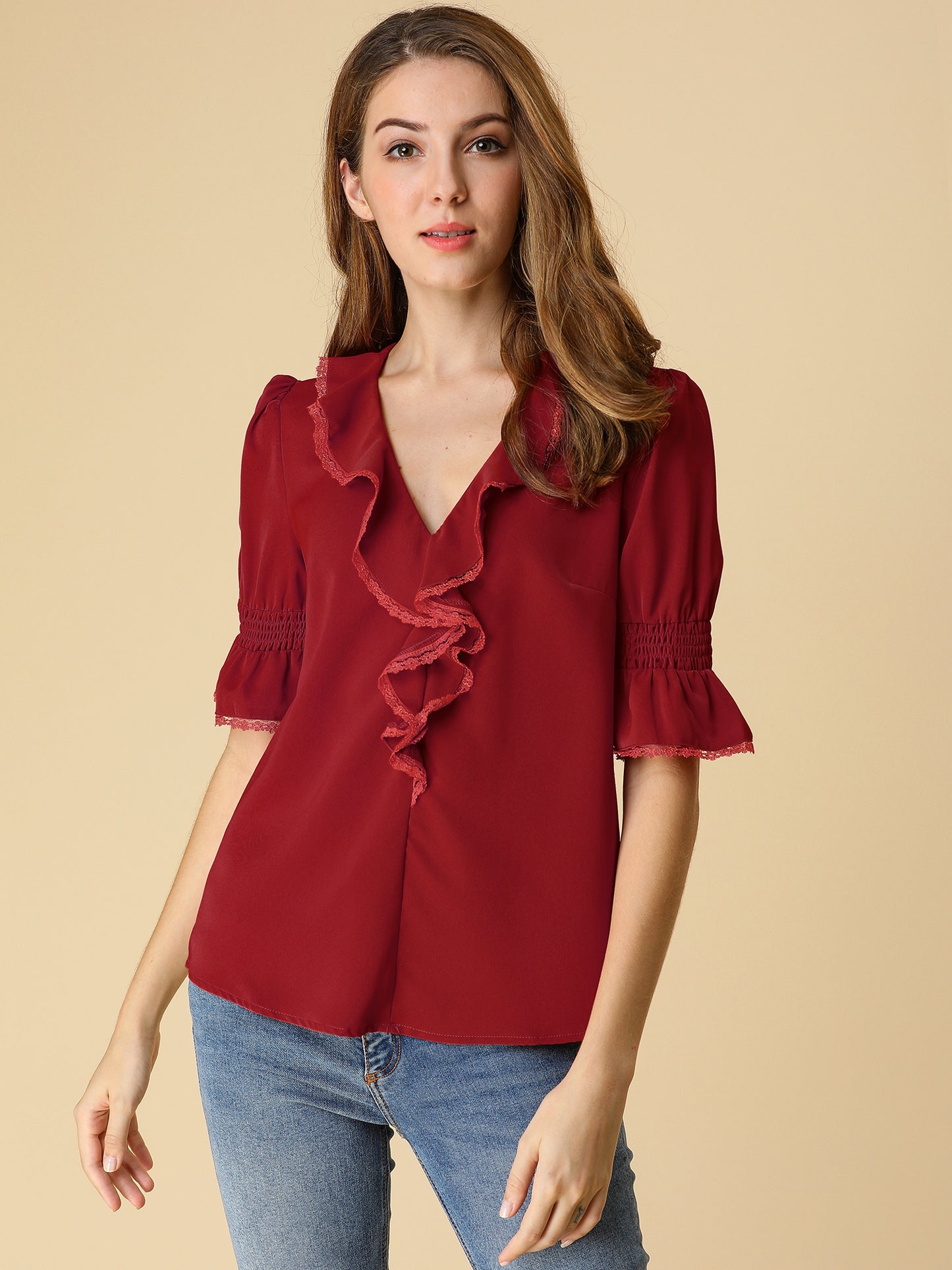 Women's Ruffle V Neck Puff Sleeve Blouse Summer Casual Chiffon Top