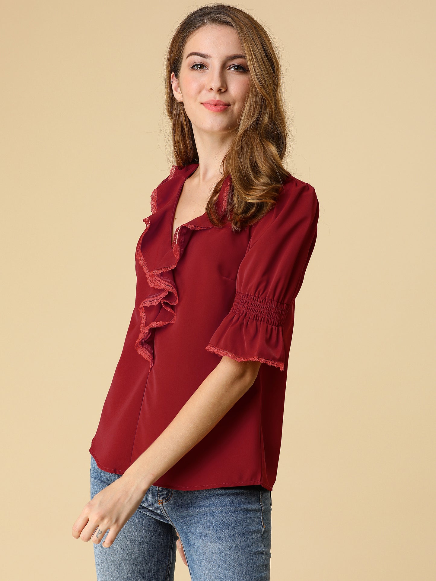 Women's Ruffle V Neck Puff Sleeve Blouse Summer Casual Chiffon Top