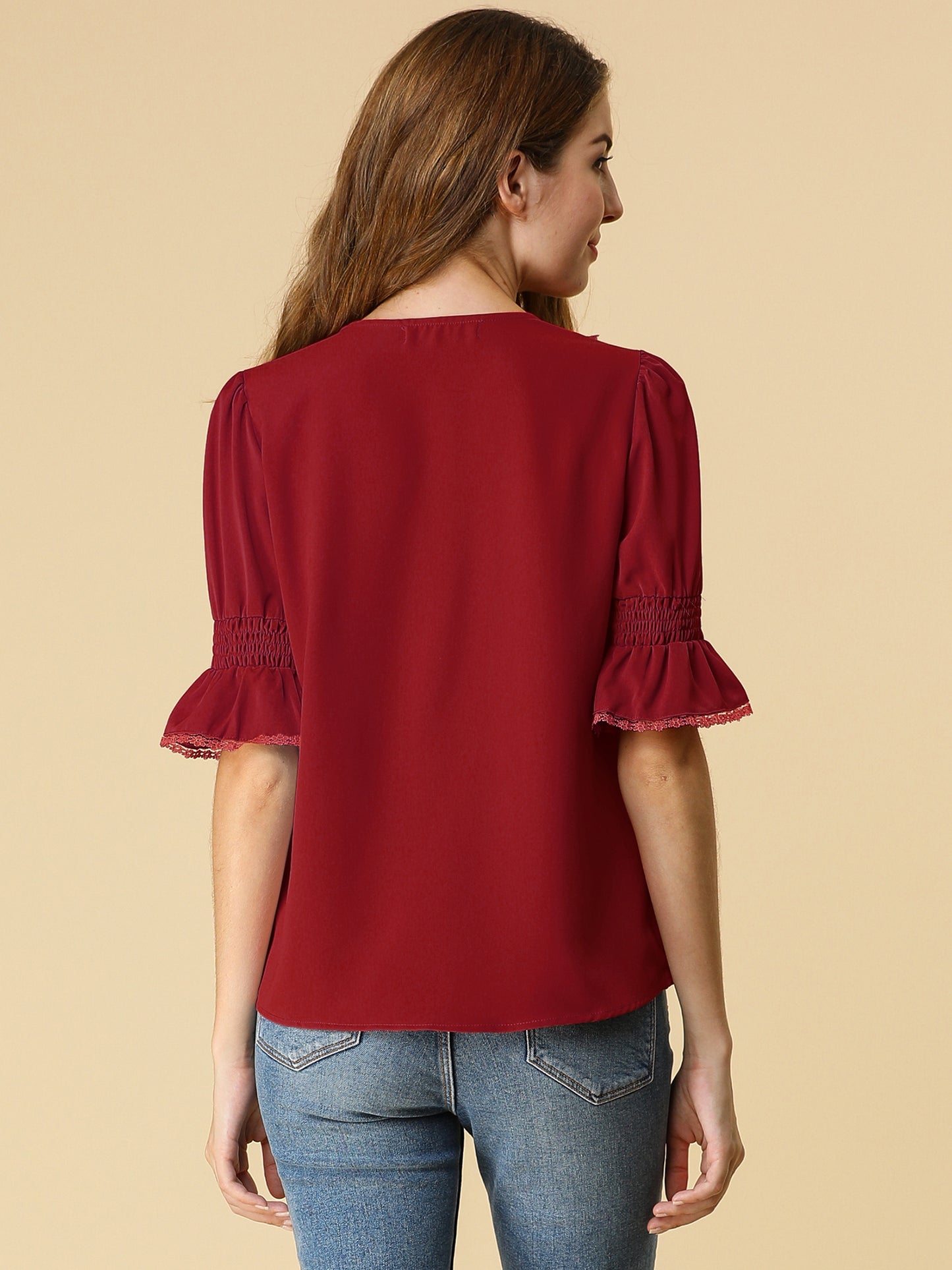 Women's Ruffle V Neck Puff Sleeve Blouse Summer Casual Chiffon Top