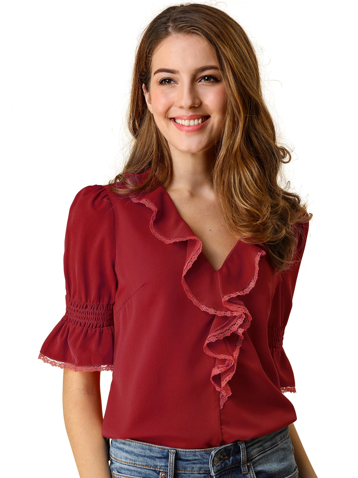 Women's Ruffle V Neck Puff Sleeve Blouse Summer Casual Chiffon Top