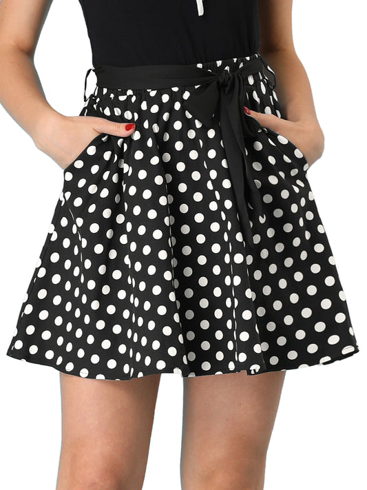 Minifalda retro de lunares con cintura alta, cinturón y bolsillos, estilo años 50 para mujer