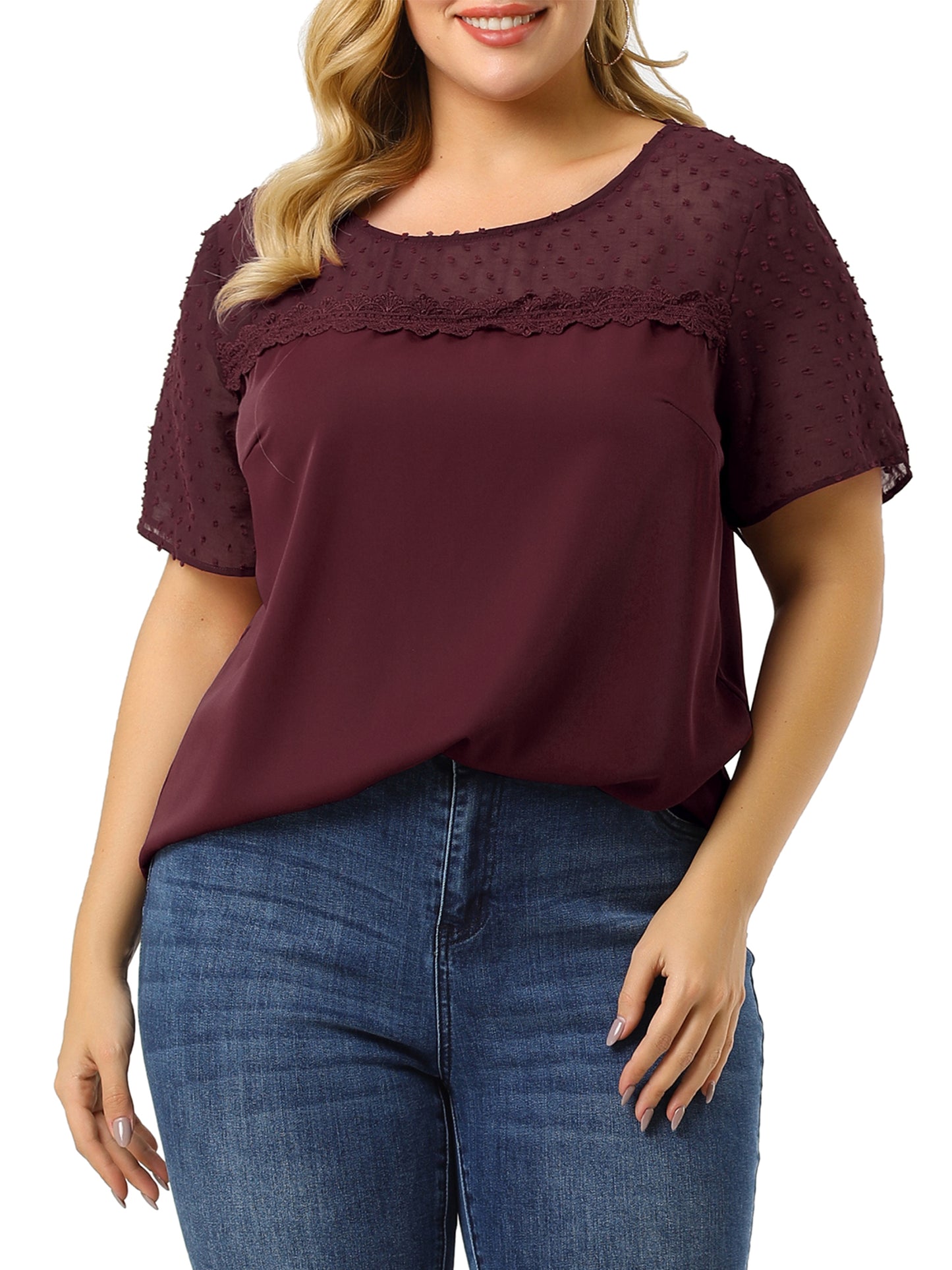 Women's Plus Size Round Neck Short Sleeves Polka Dots Lace Panel Summer Blouse