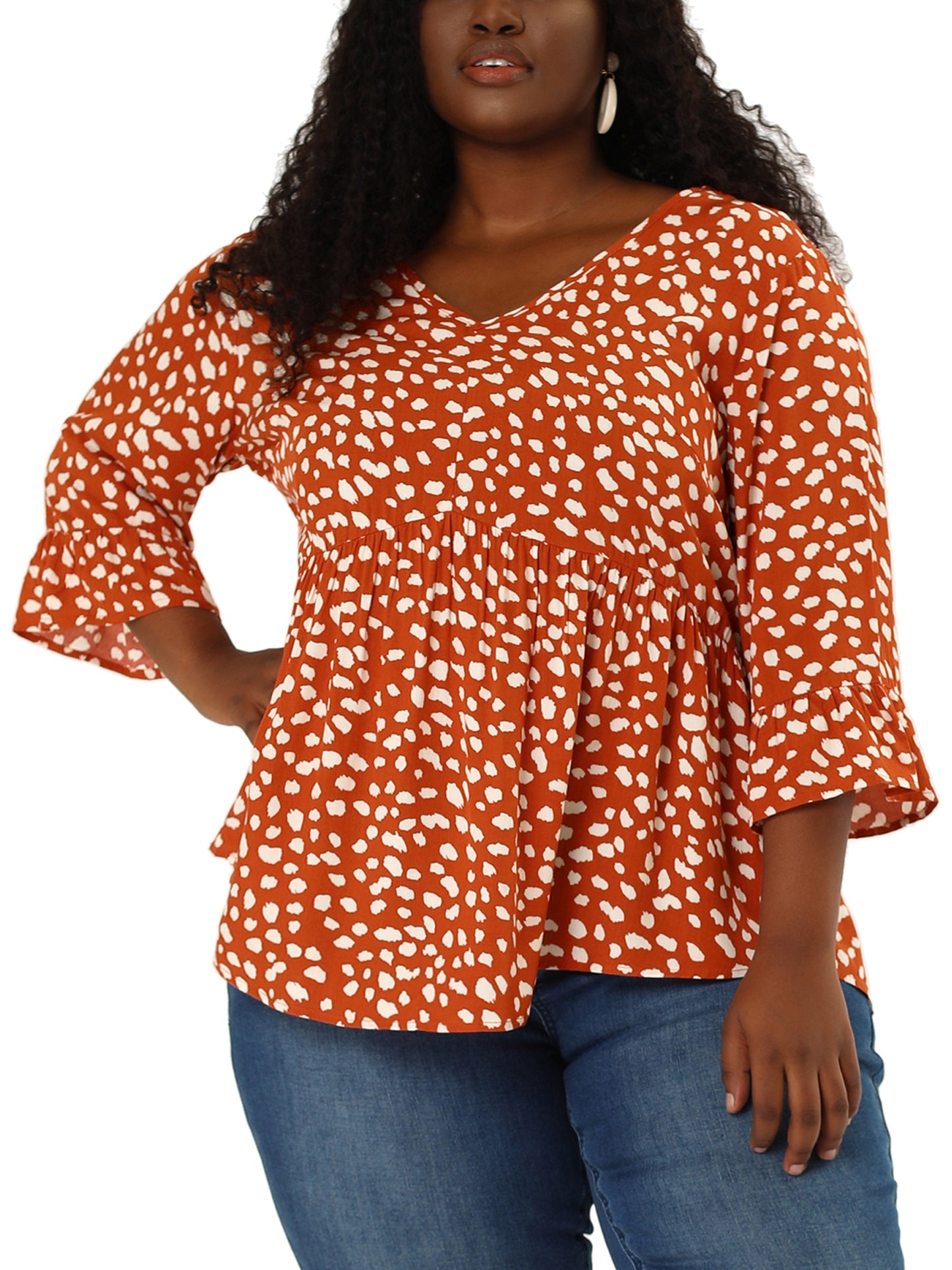 Women Plus Size Polka Dots Blouses V Neck 3/4 Ruffle Sleeve Peplum Top