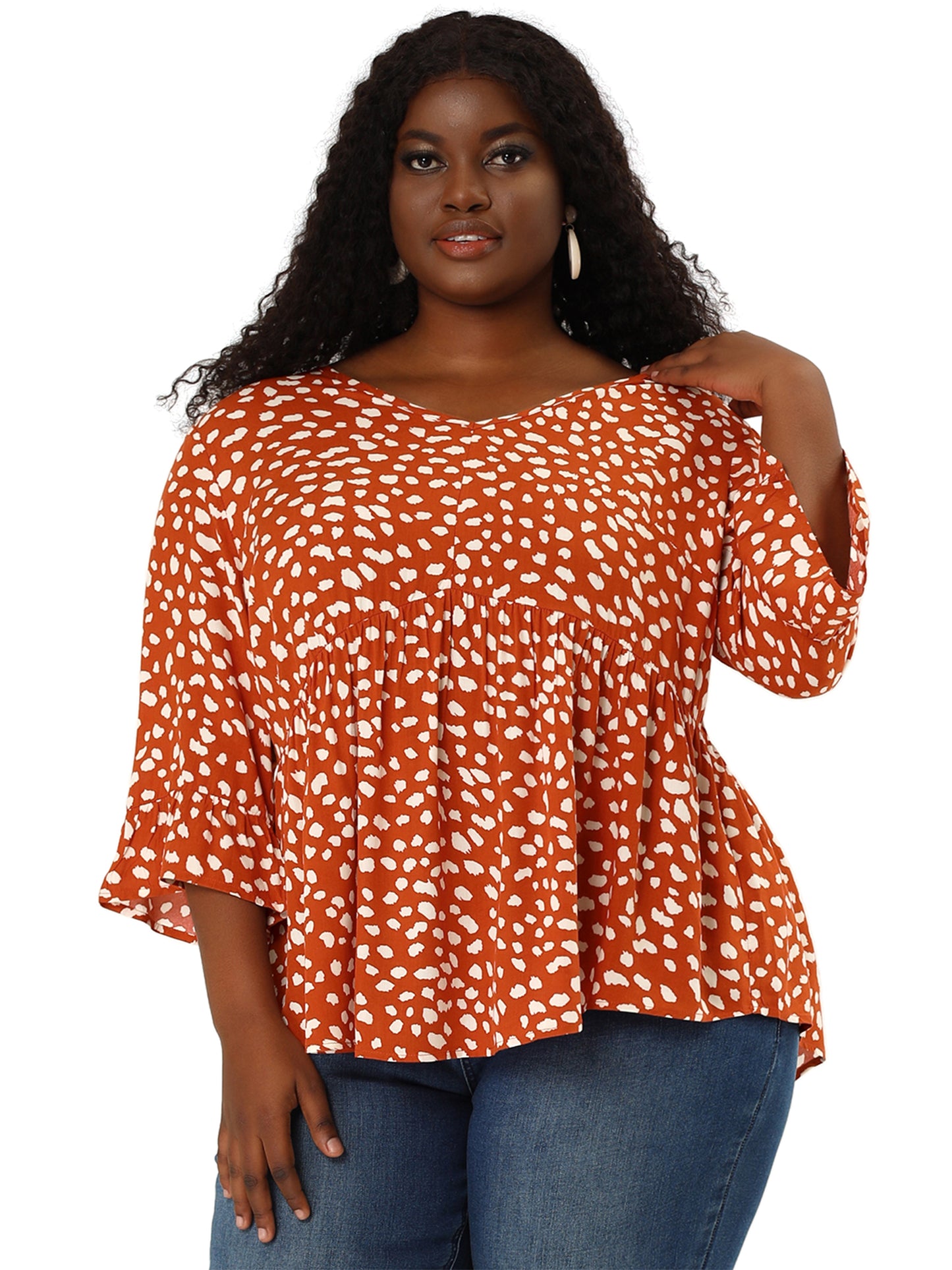 Women Plus Size Polka Dots Blouses V Neck 3/4 Ruffle Sleeve Peplum Top