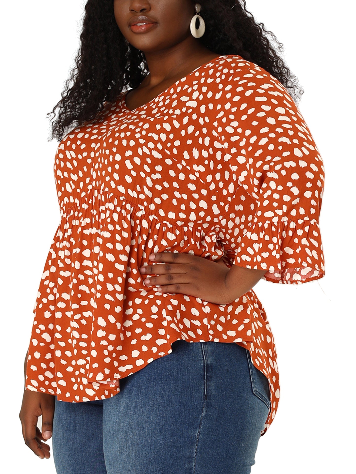 Women Plus Size Polka Dots Blouses V Neck 3/4 Ruffle Sleeve Peplum Top
