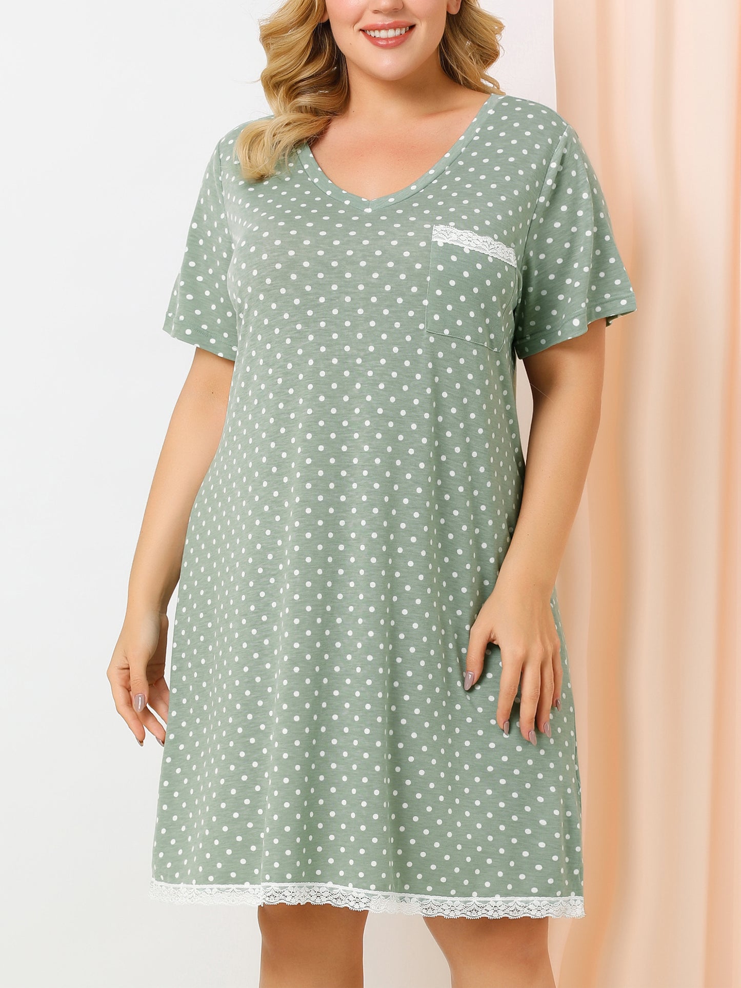 Camisón de talla grande para mujer, ropa de dormir, camisón de manga corta con ribete de encaje, vestido de pijama