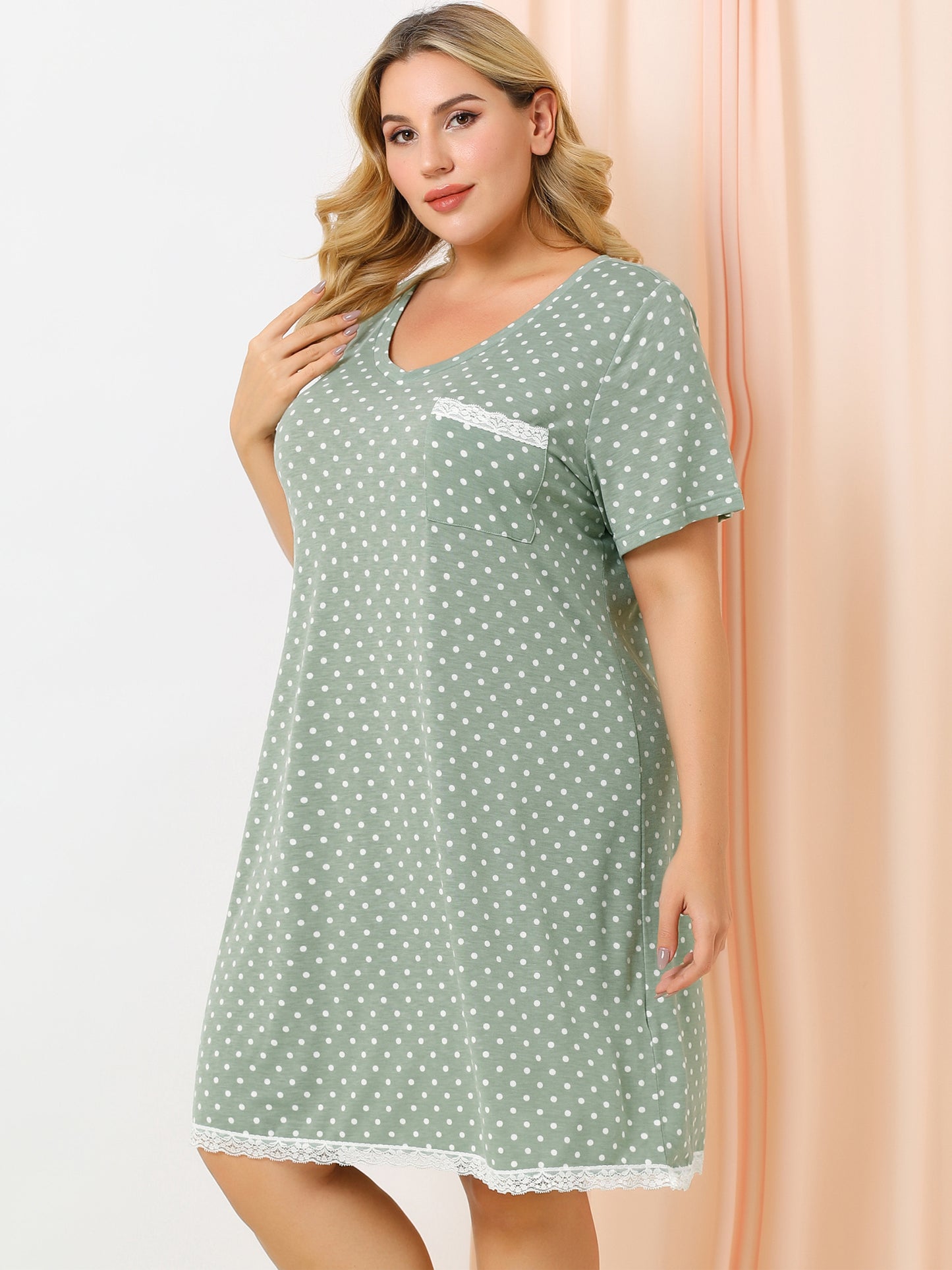 Camisón de talla grande para mujer, ropa de dormir, camisón de manga corta con ribete de encaje, vestido de pijama