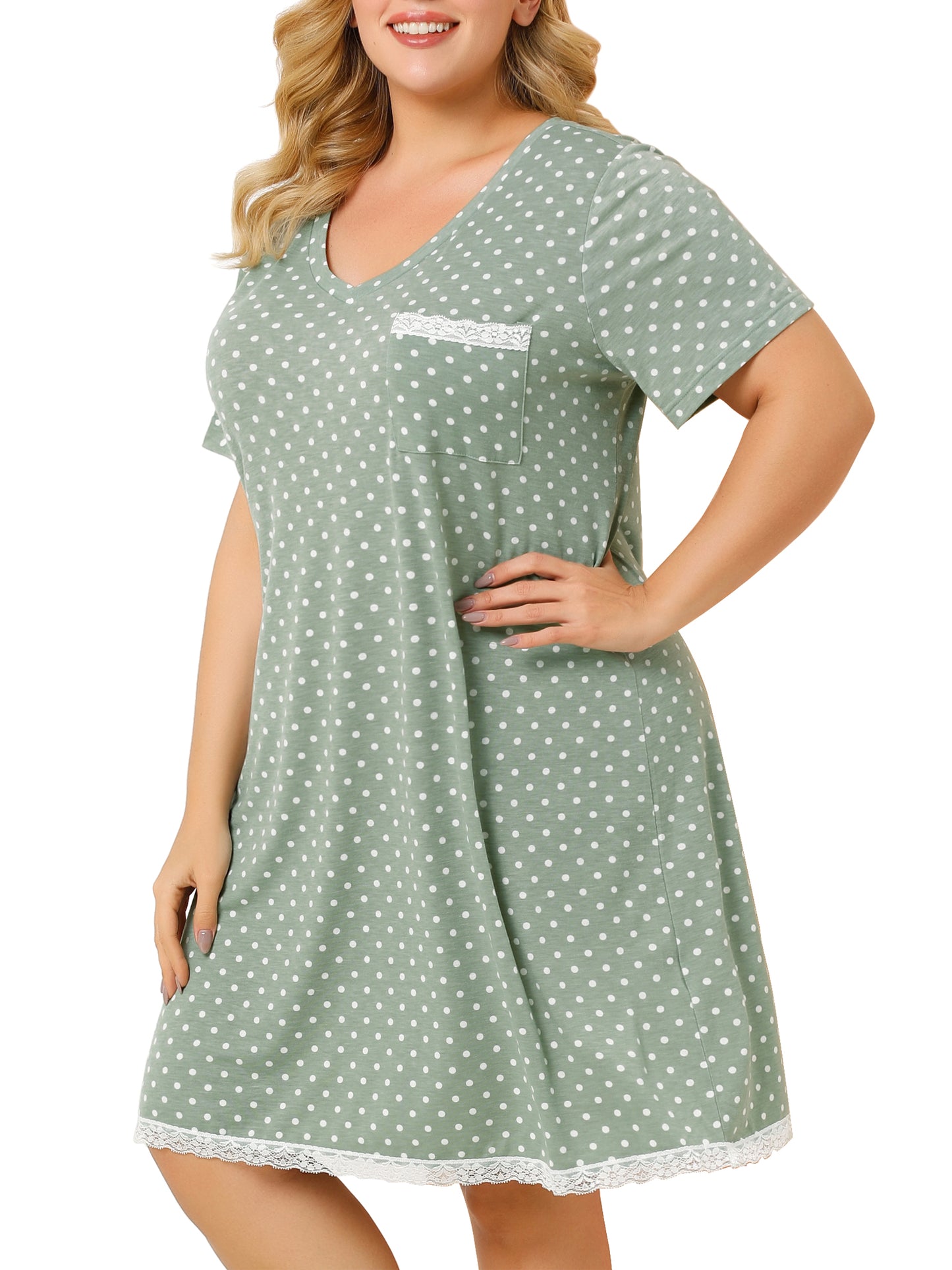 Camisón de talla grande para mujer, ropa de dormir, camisón de manga corta con ribete de encaje, vestido de pijama