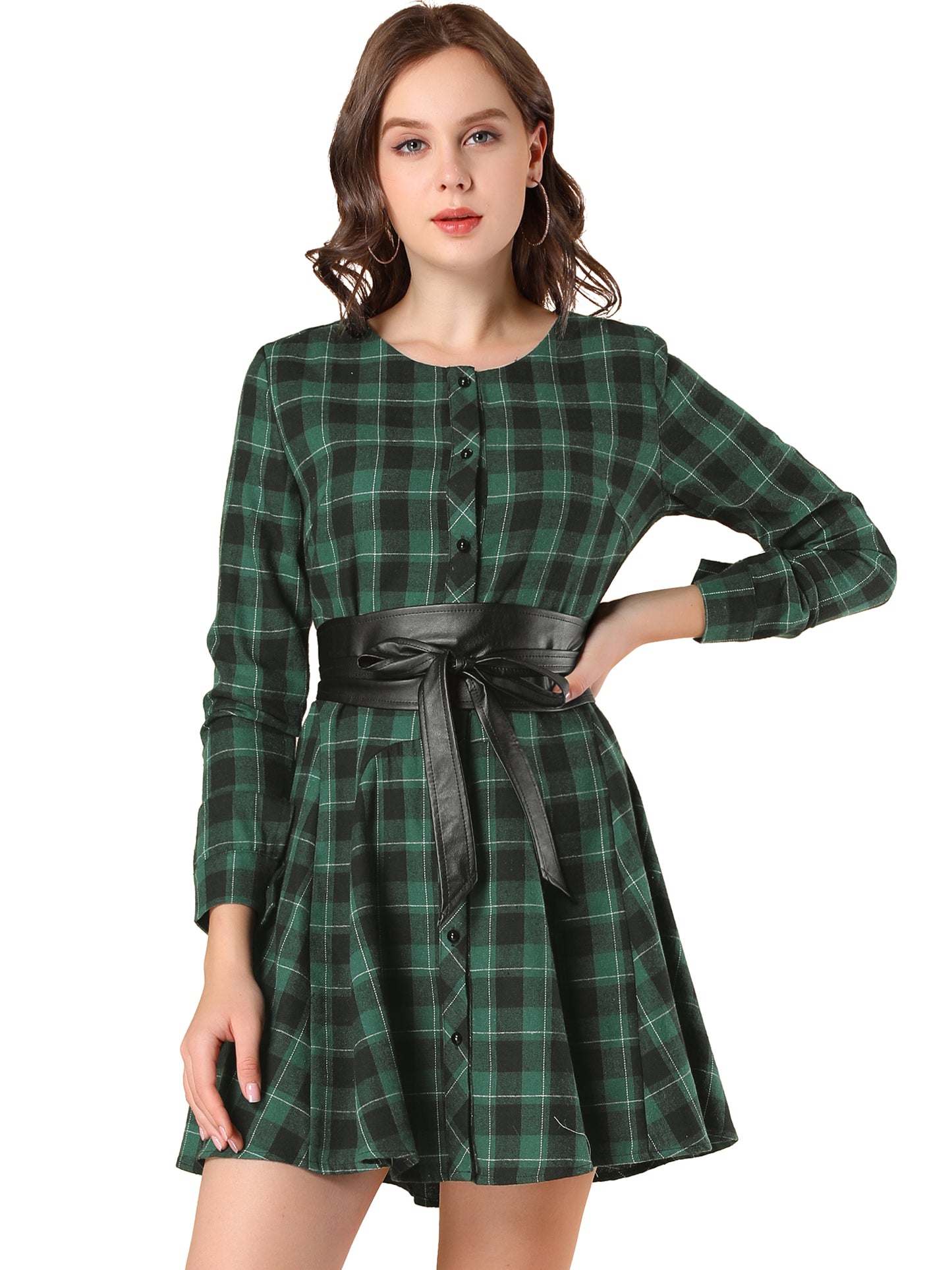 Women's Plaid Long Sleeve Button Down Belted Mini Shirtdress