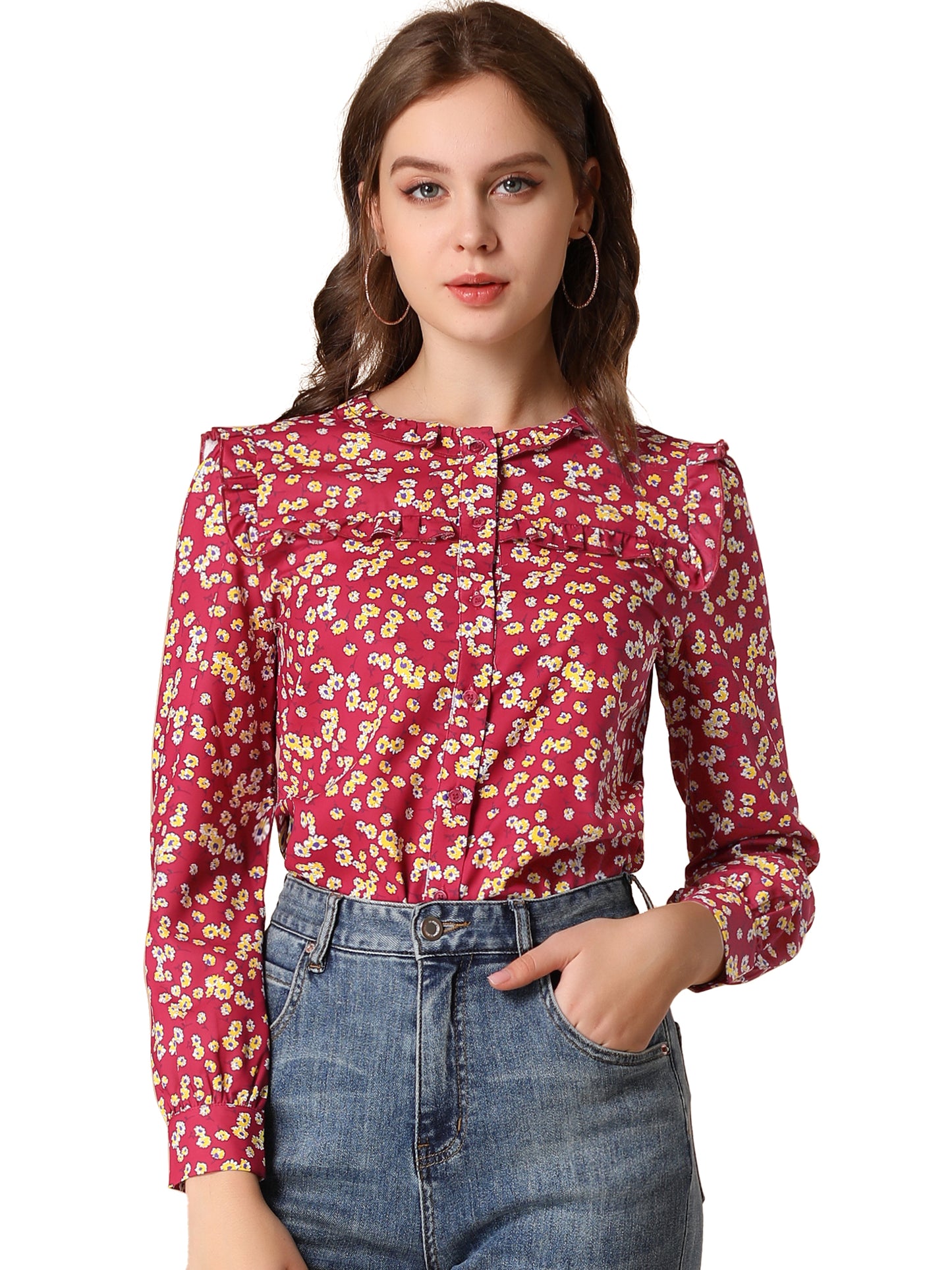 Women's Victorian Ruffled Neck Long Sleeve Ditsy Floral Blouse Shirt