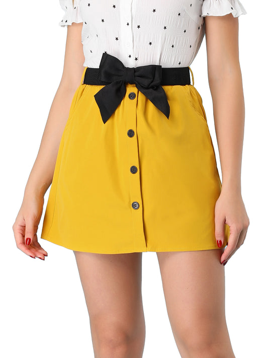 Women's Summer Button Decor Vintage High Waist Bow Tie Mini Skirt
