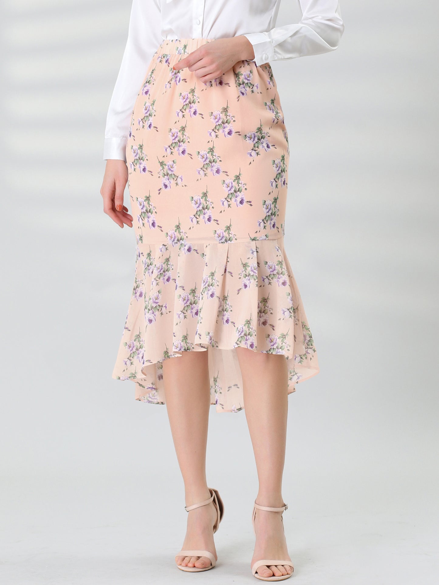 Women's Floral Elastic Waist Bodycon Ruffle Hem Chiffon Fishtail Skirt