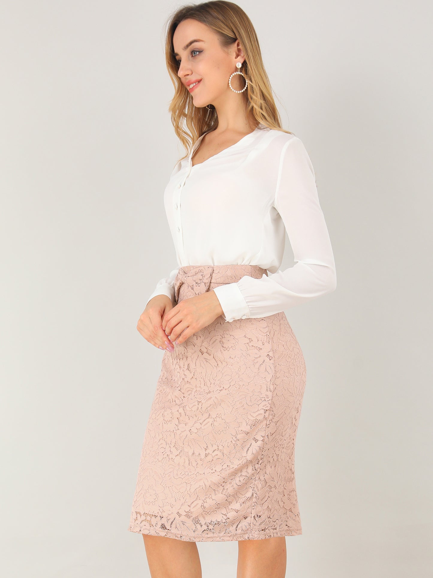Women's Floral Lace Bow Tie Front Elegant High Waisted Midi Skirt