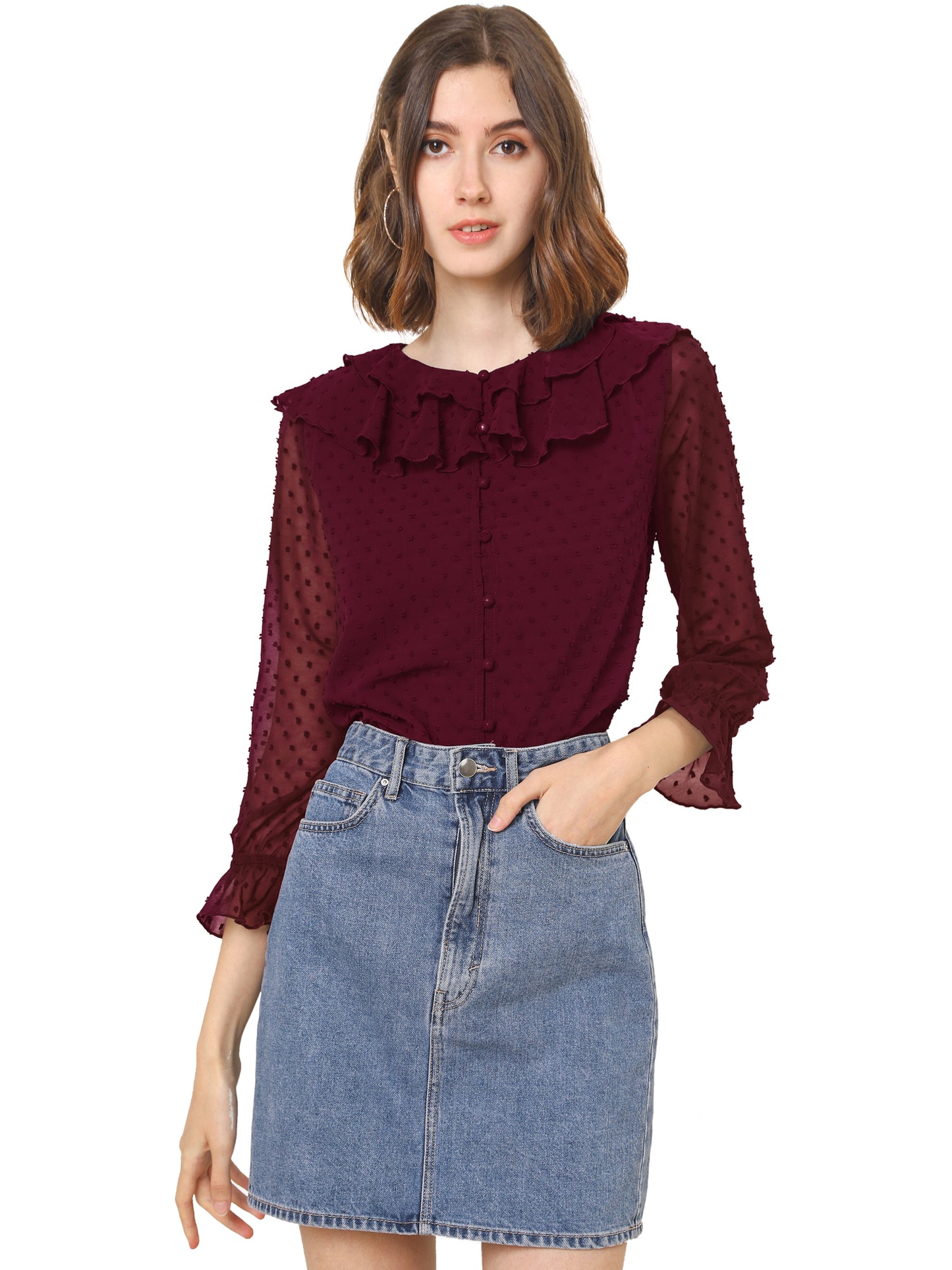 Women's Swiss Dots Bracelet Sleeves Chiffon Boho Ruffle Neck Blouse