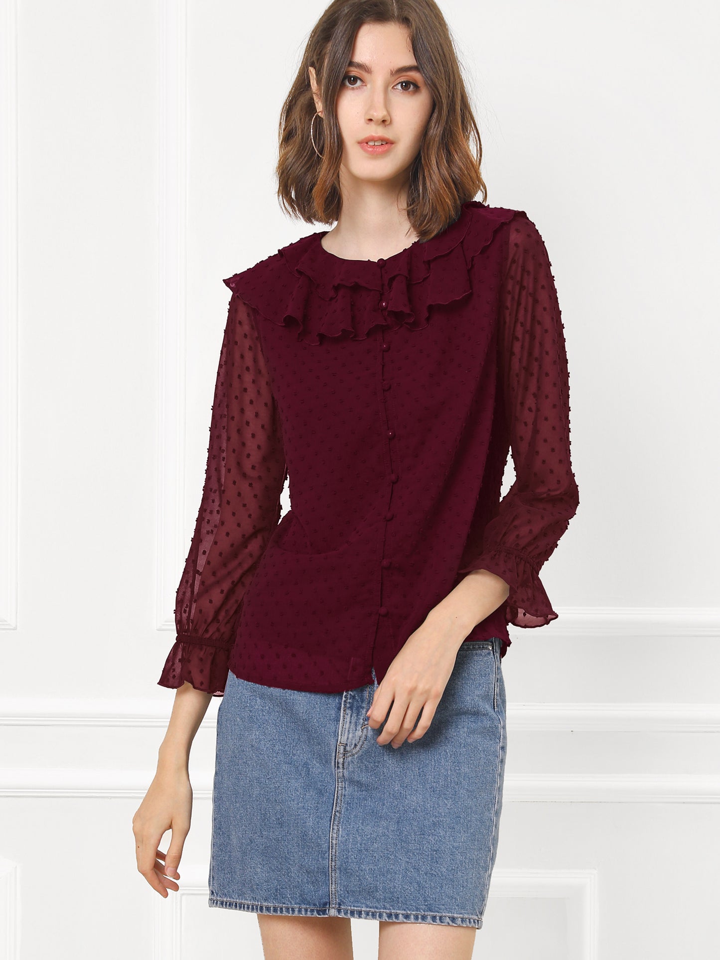 Women's Swiss Dots Bracelet Sleeves Chiffon Boho Ruffle Neck Blouse